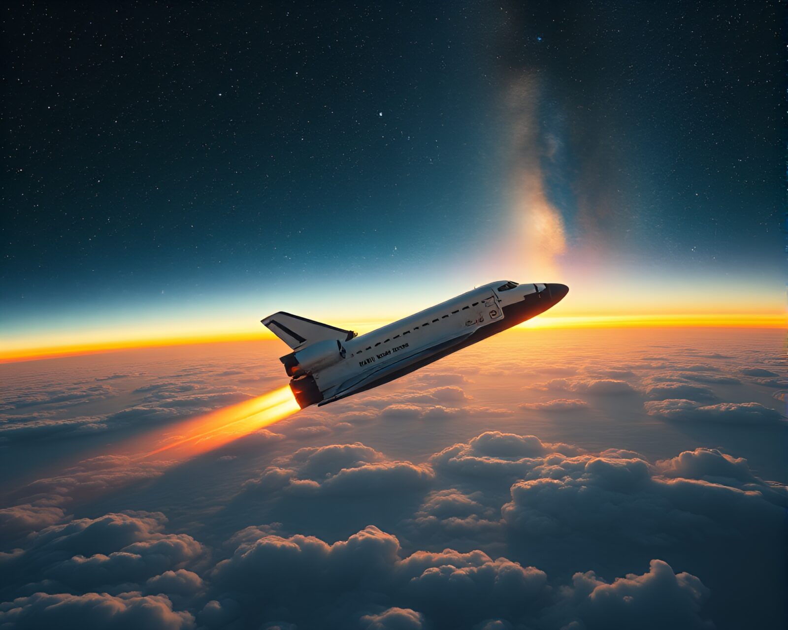 Realistic space shuttle flying among twinkling stars in galaxy.
