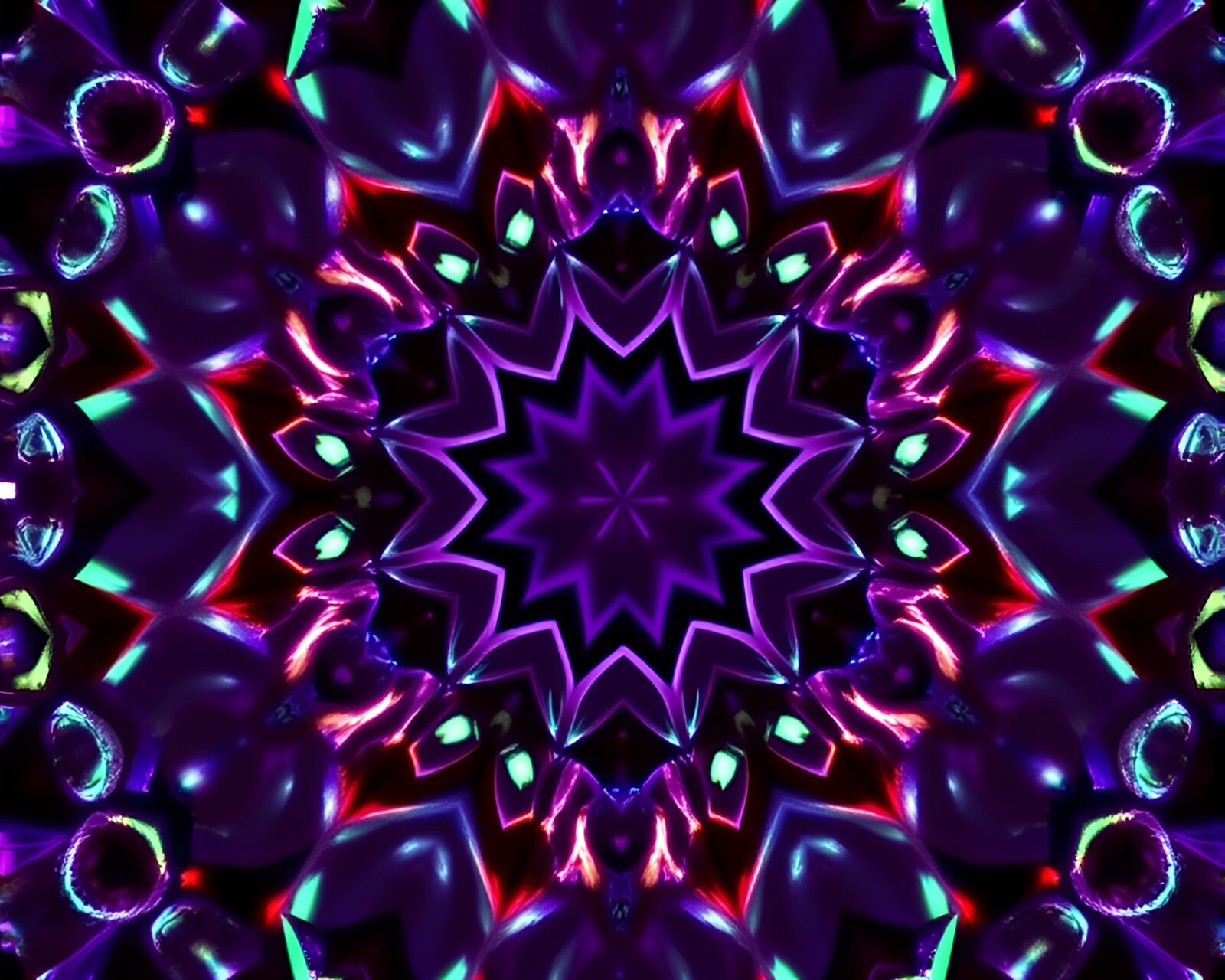 Vibrant hexagonal kaleidoscope pattern with ultraviolet shine
