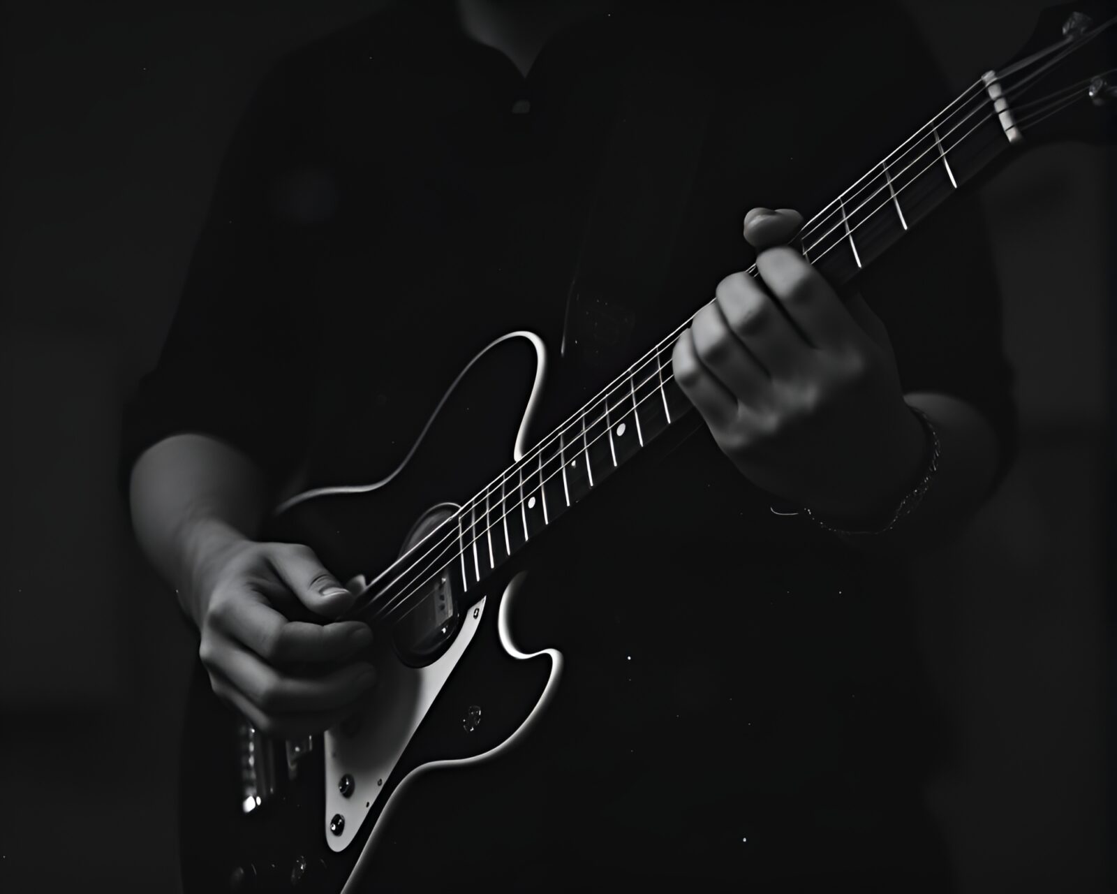 Dark collage of layered guitar imagery in desaturated tones