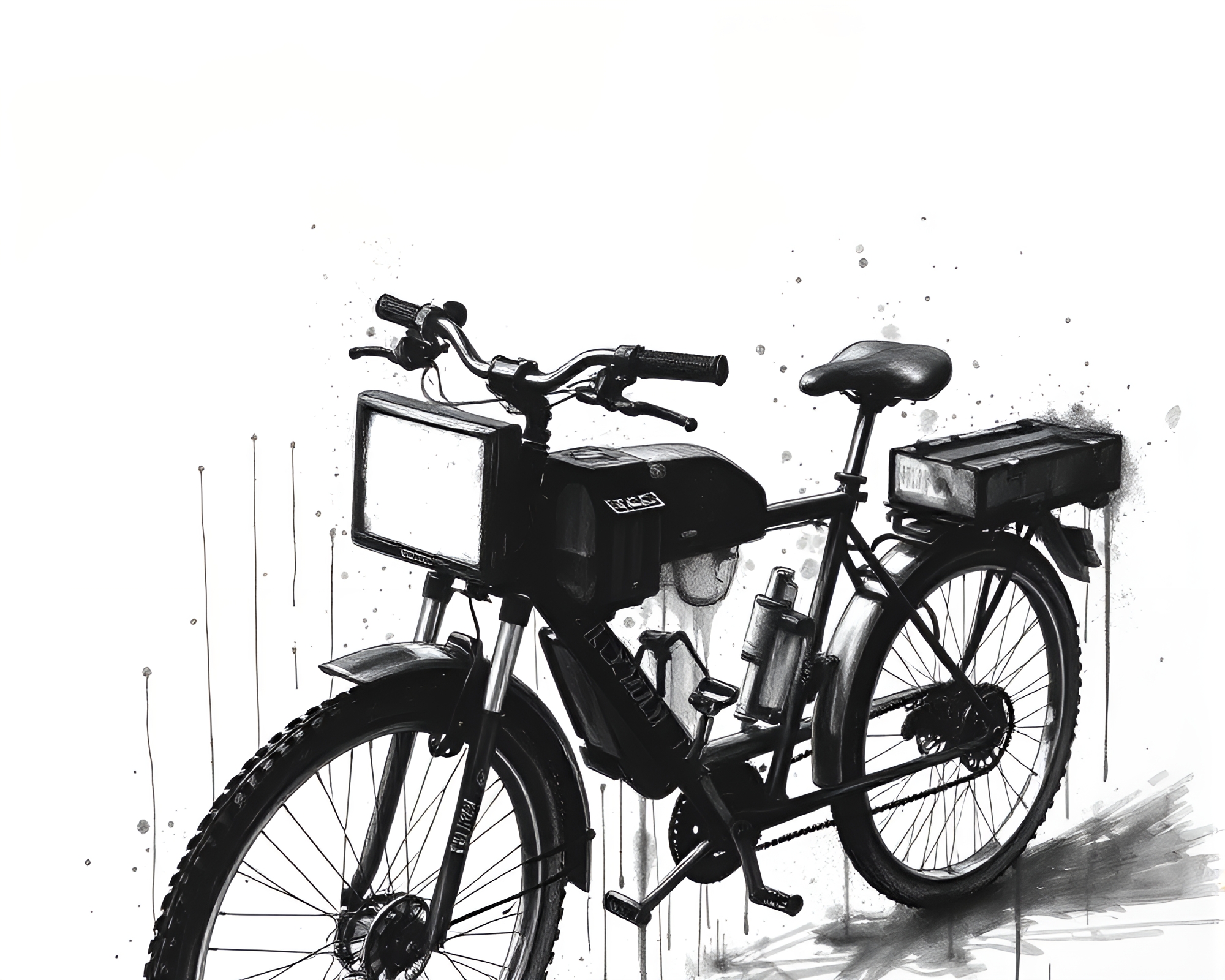 Solar-Powered Bike in Charcoal Sketch with Ink Wash Drips – free AI stock image