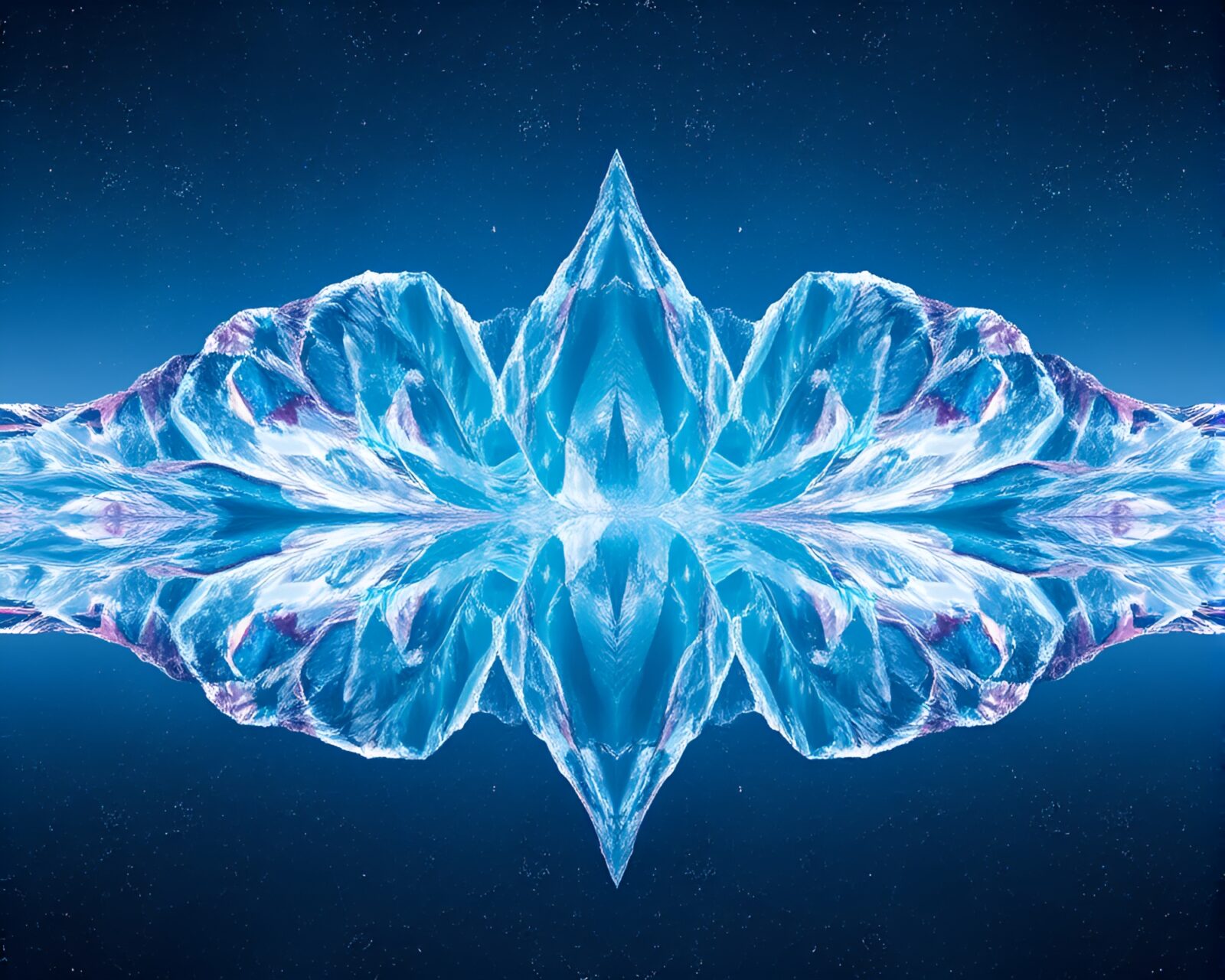 Ice cave reflecting holographic lights in mirrored symmetry.