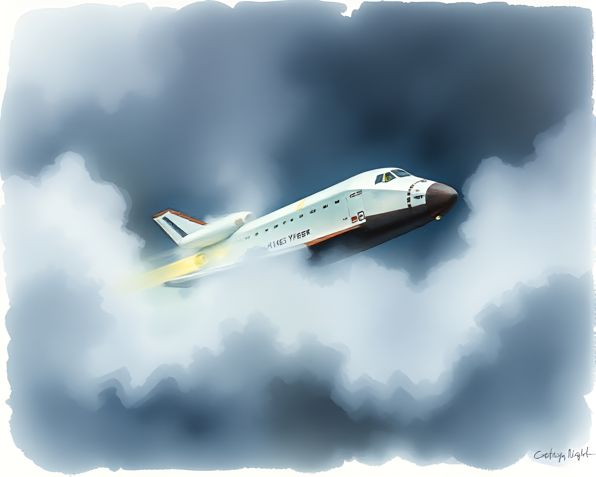 Space Shuttle Emerging Through Eerie Fog Banks in Watercolor – free AI stock image