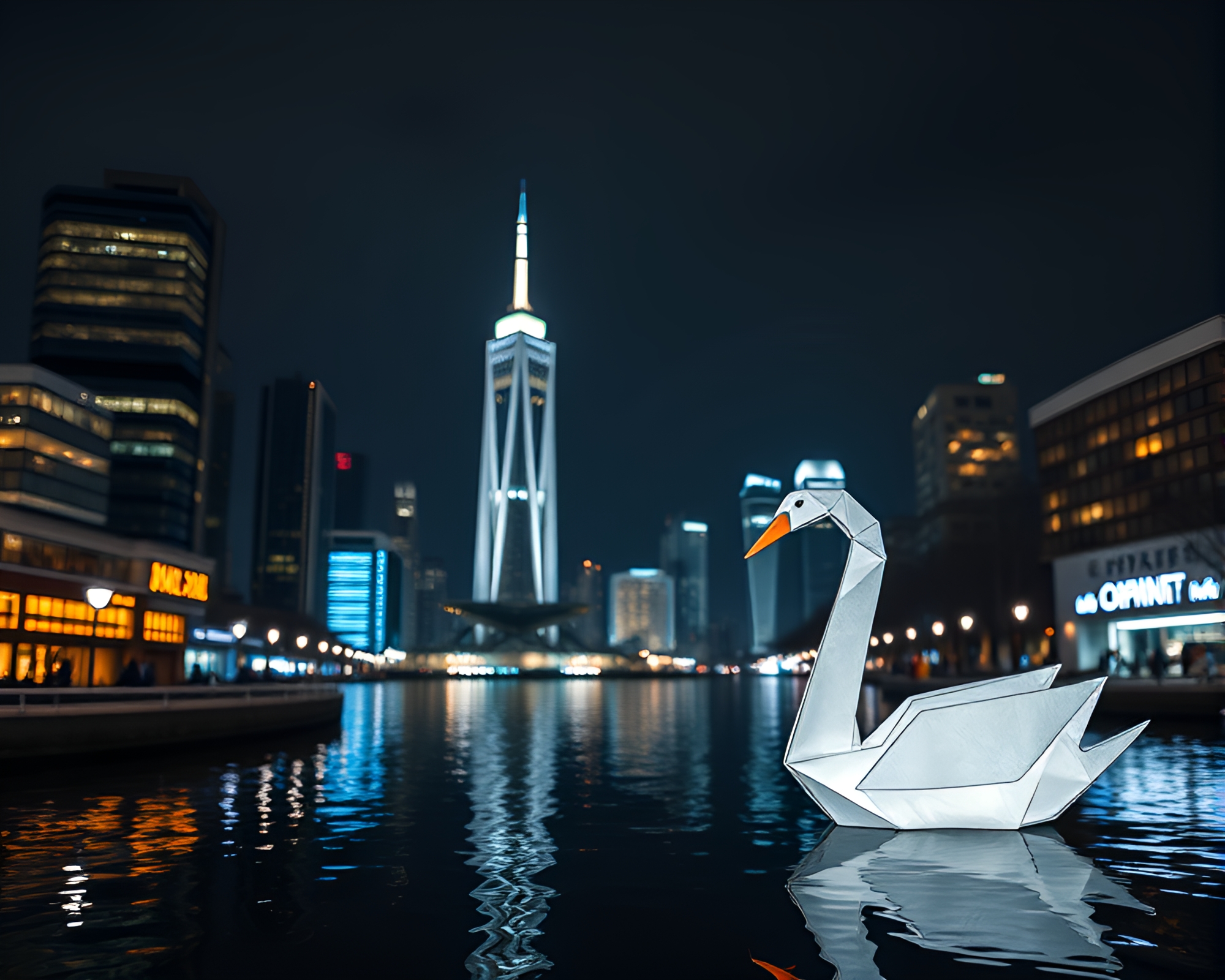 Origami Swan in Urban Night Lights Material Design – free AI stock image