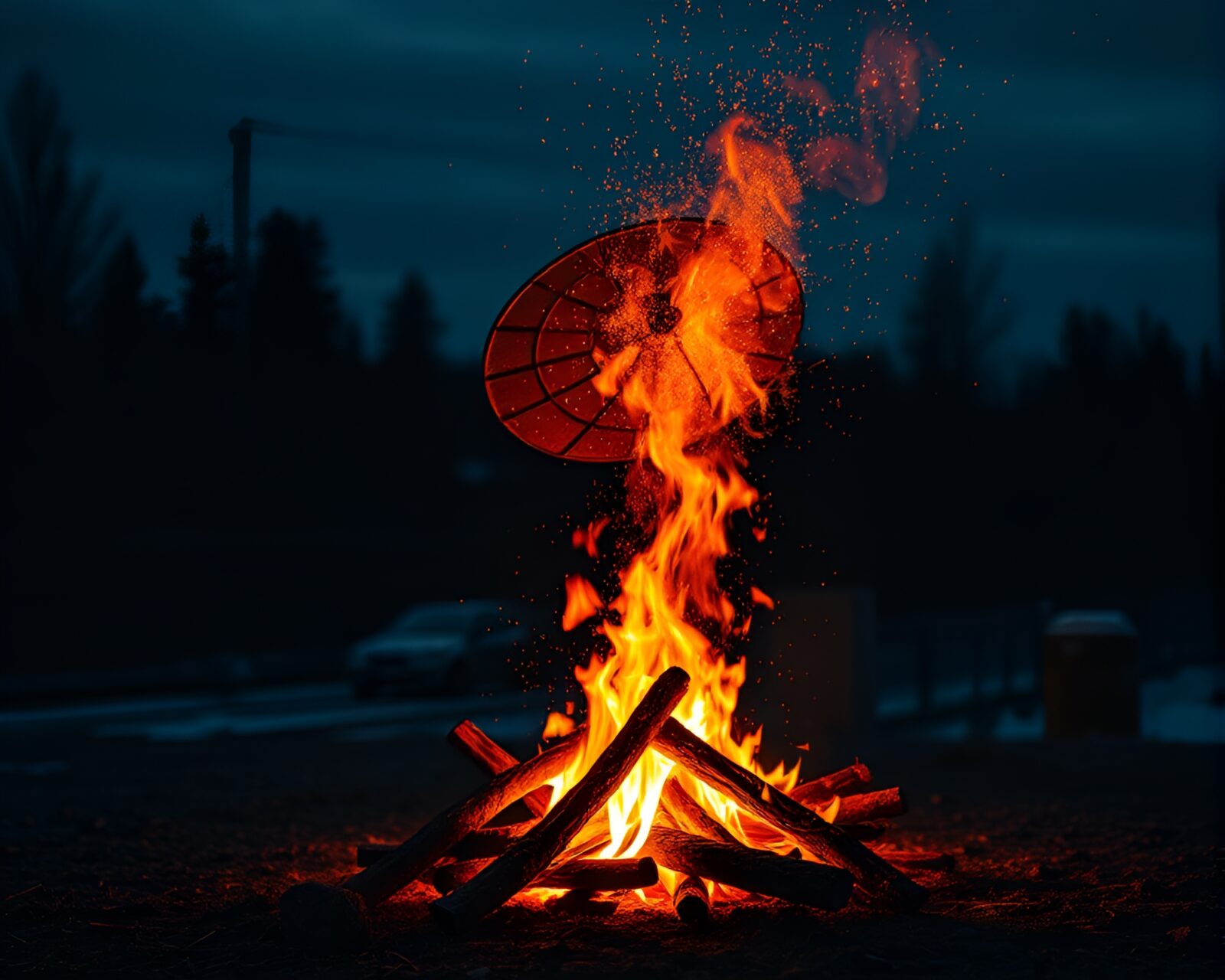 Satellite with intricate calligraphy against warm bonfire glow