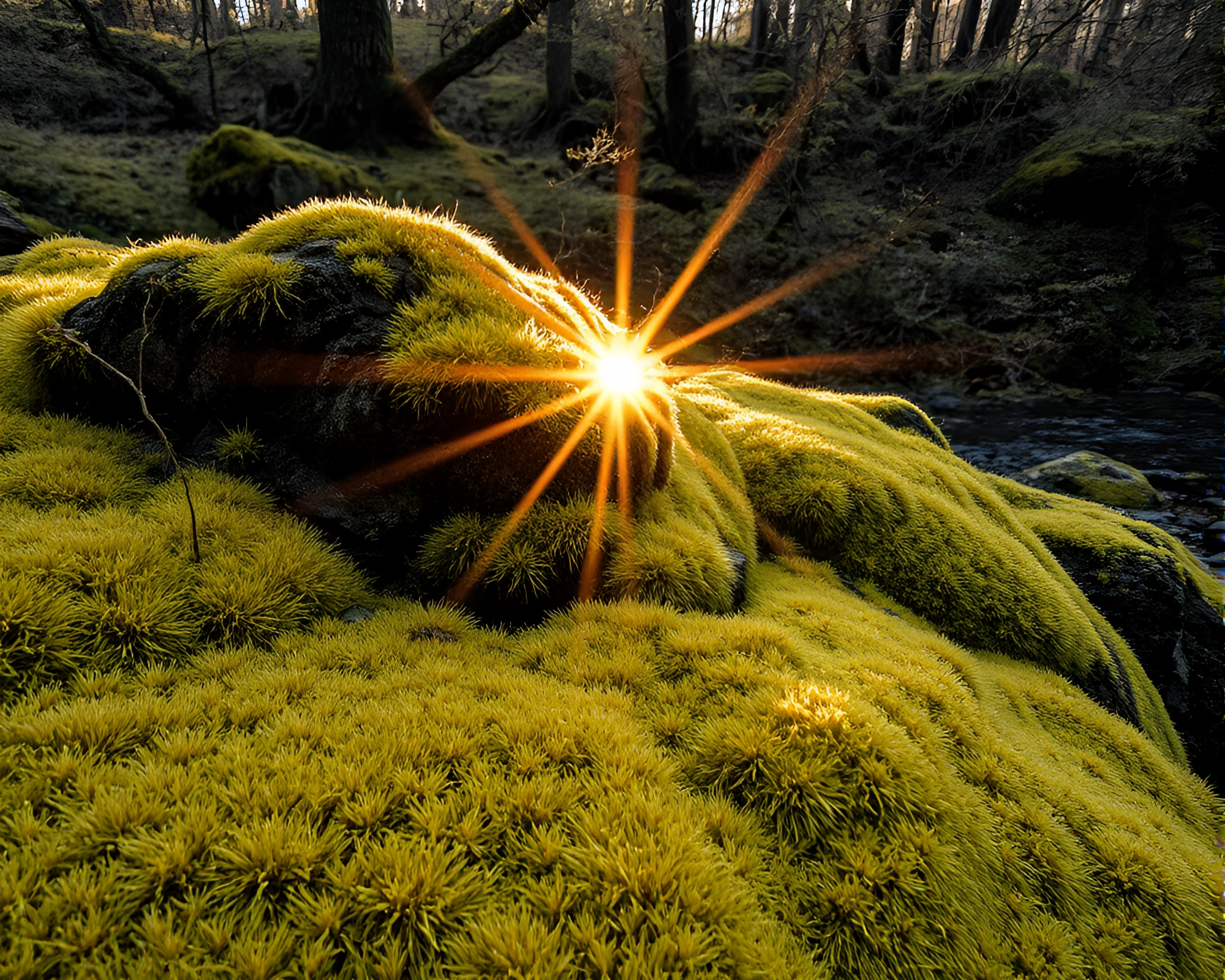 Moss-covered rock in ethereal backscatter infrared flare – free AI stock image