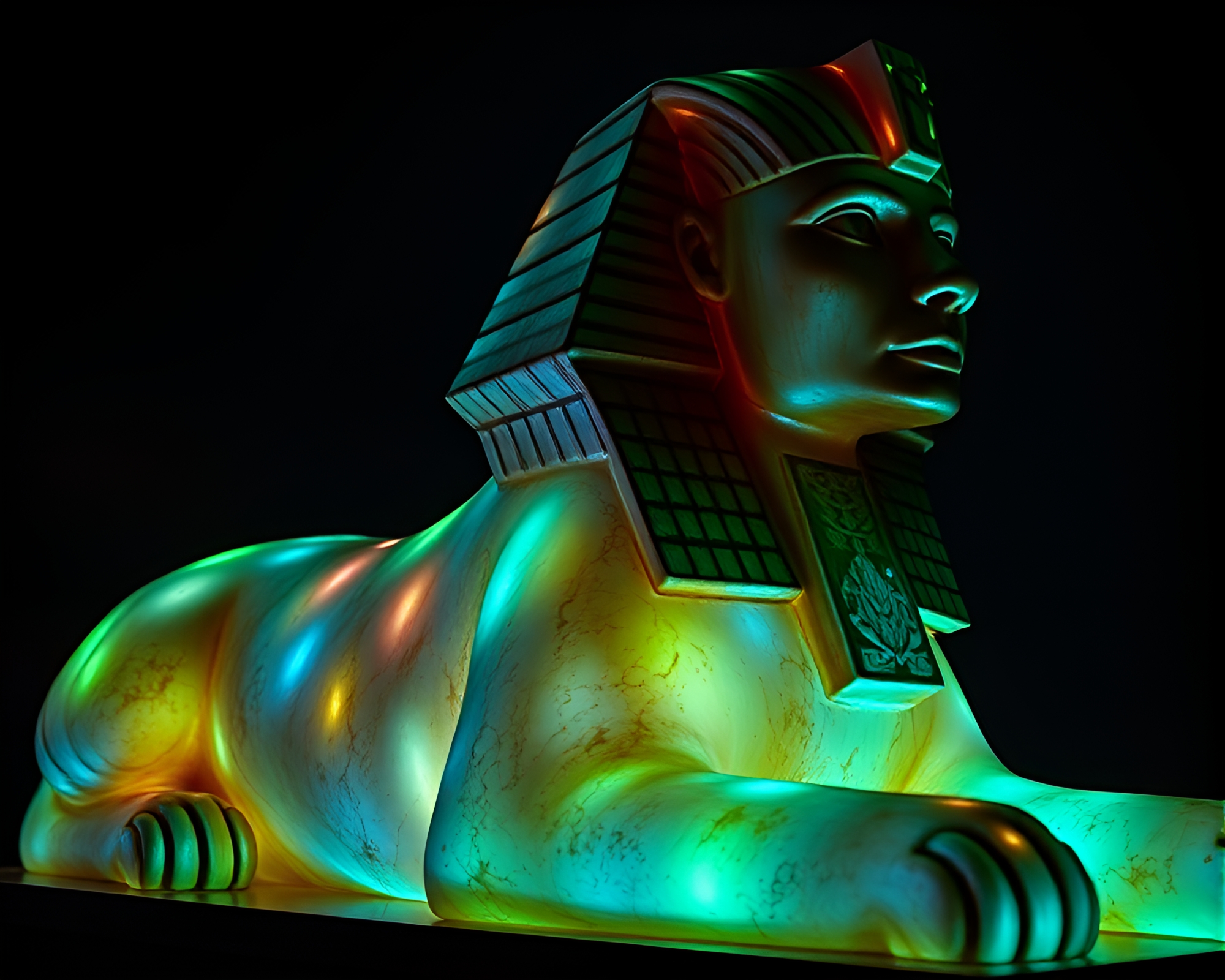 Bioluminescent Sphinx Statue amidst Mildew Spots – free AI stock image