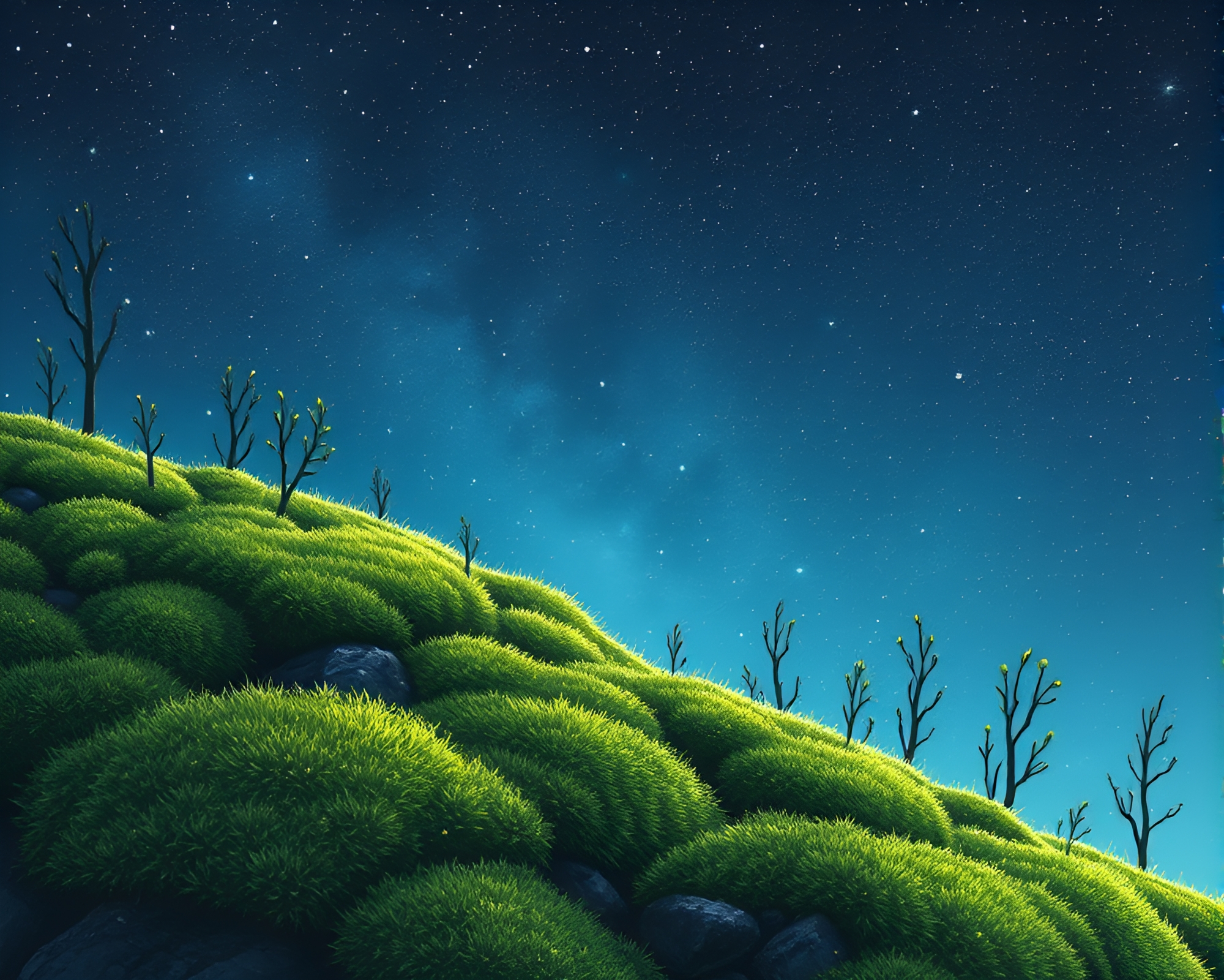 Enchanting Moss-Covered Hot Spring under Starlit Sky – free AI stock image