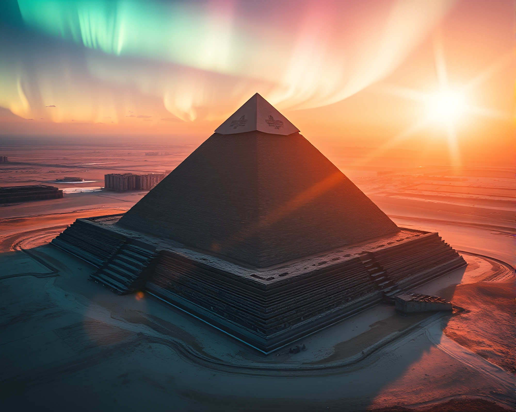 Aurora Pyramid Lens Flare Bird’s Eye View – free AI stock image