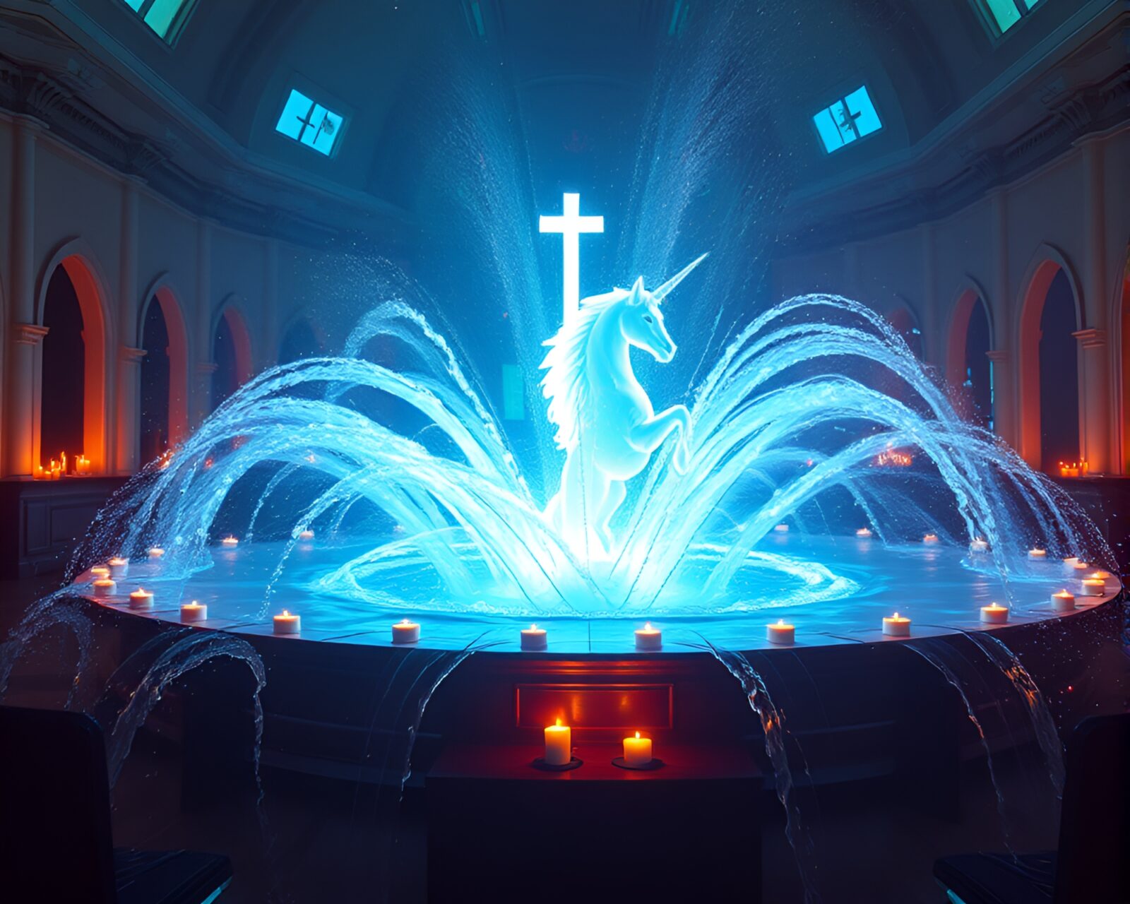 Majestic unicorn surrounded by holographic effects in candlelit church