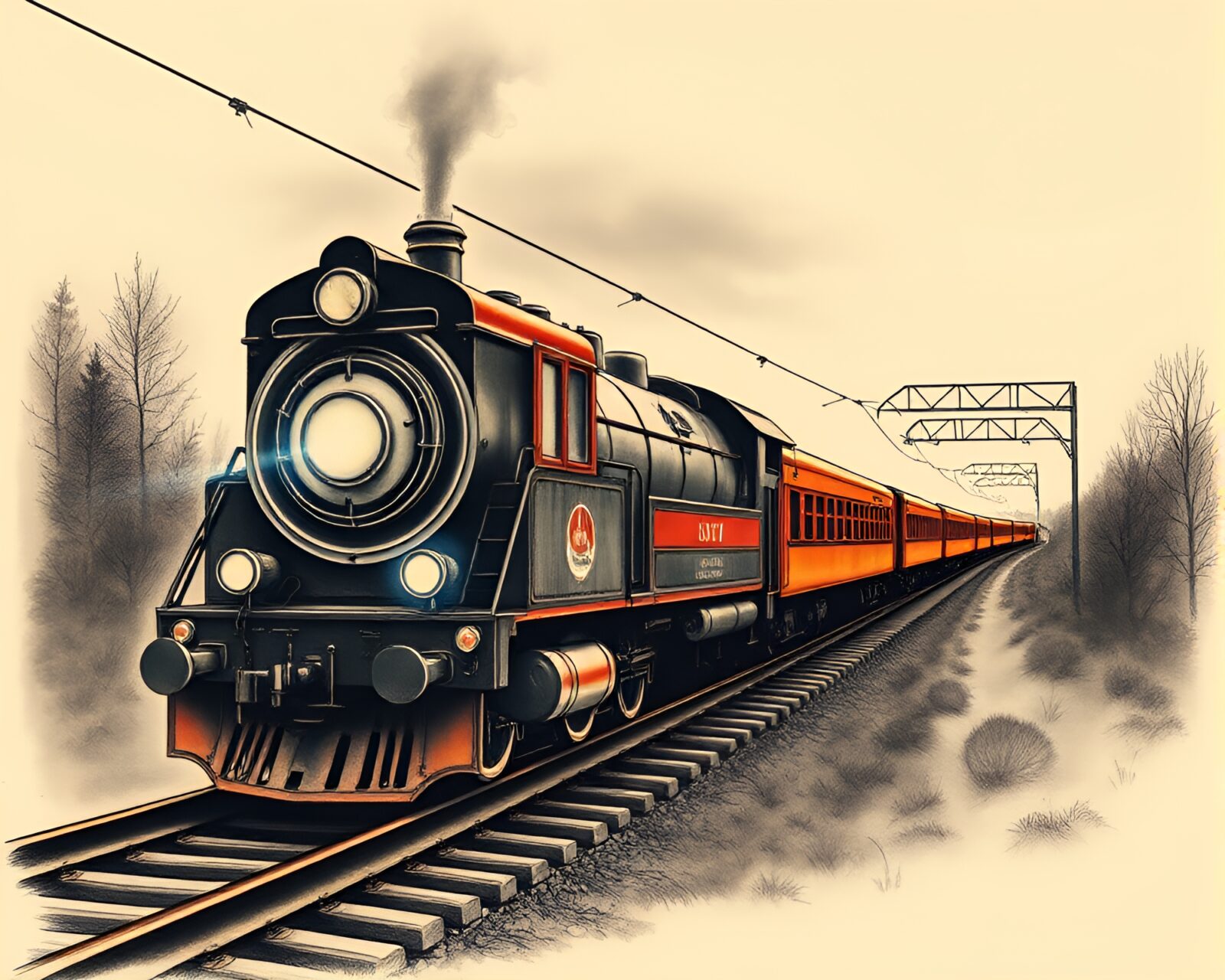 Glowing train light trails with soft shadows and tattoo flash art