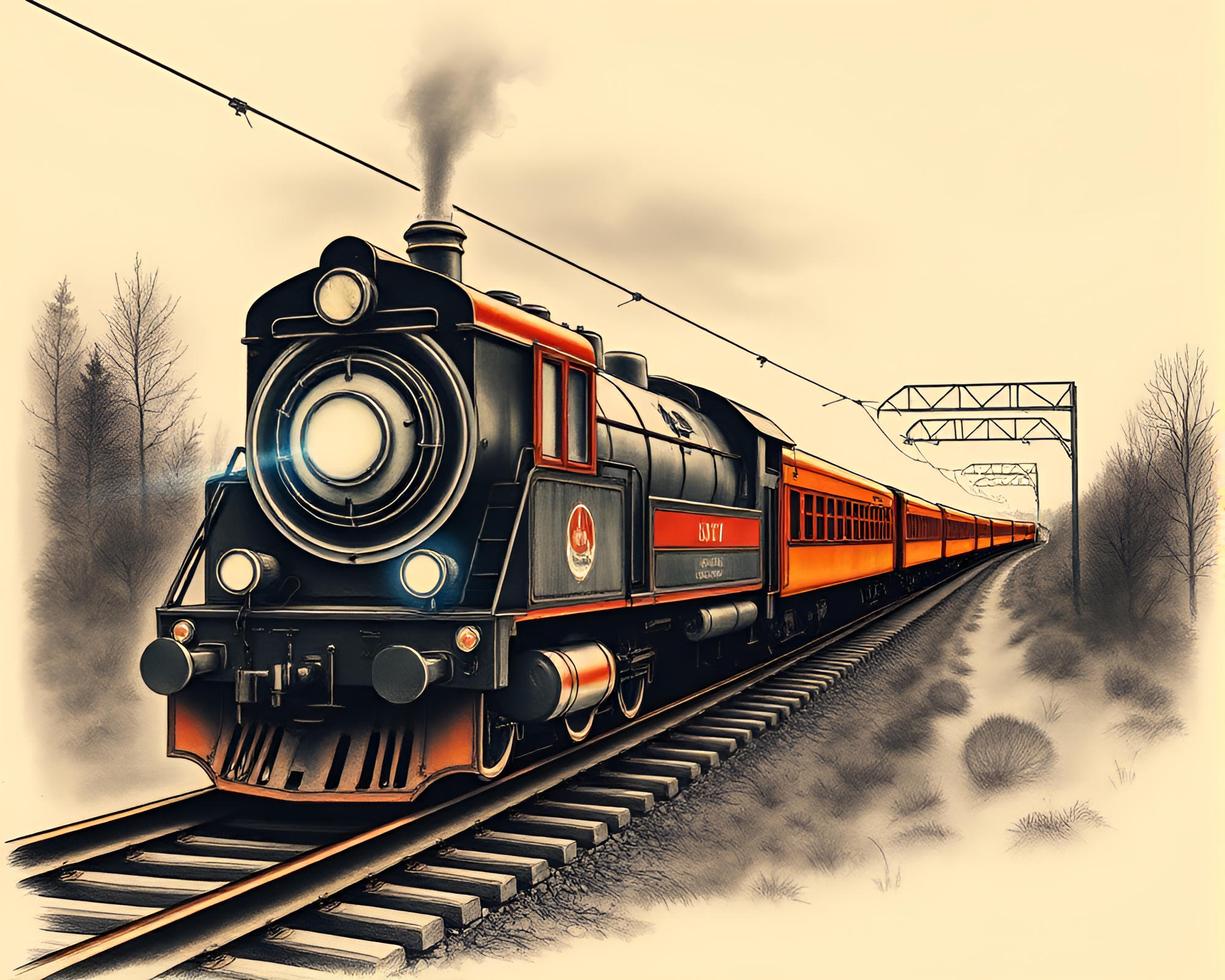 Ethereal Train Light Trails with Rusty Pocketknife Tattoo Art – free AI stock image