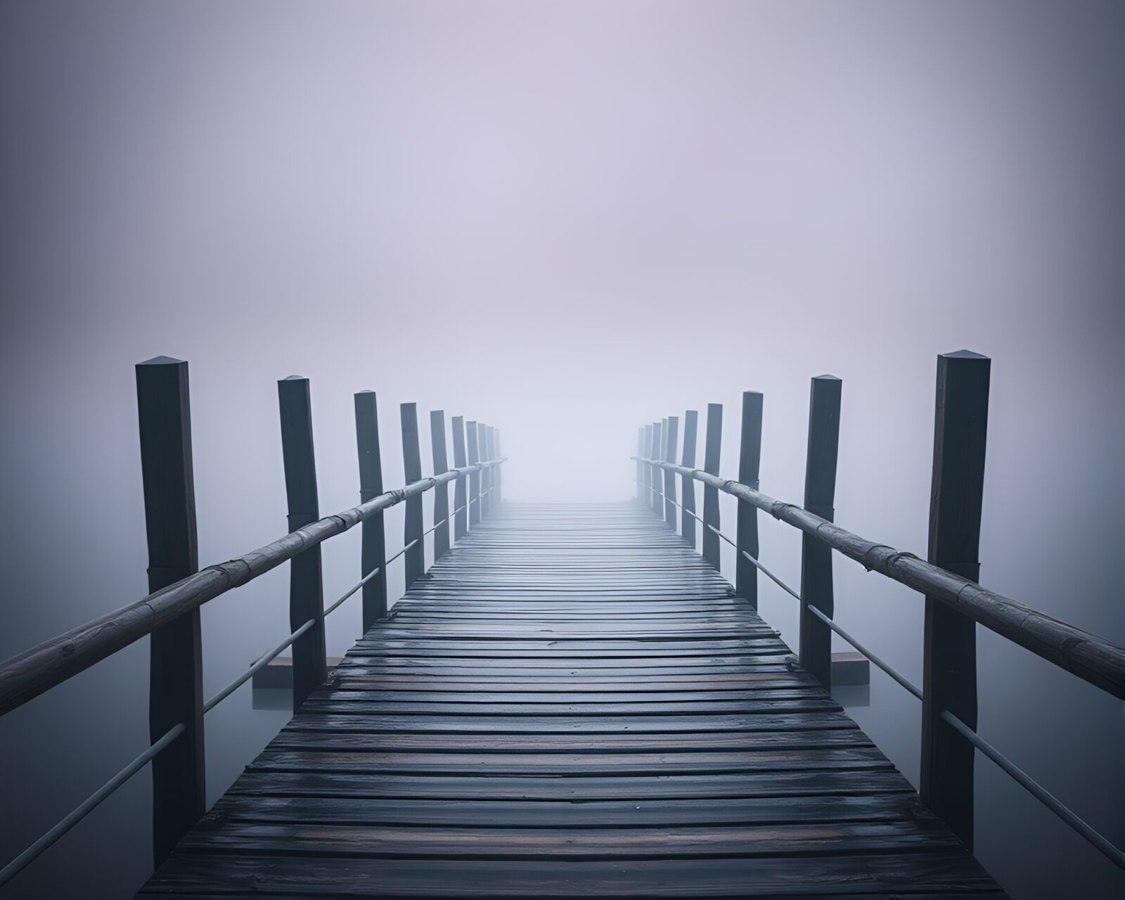 Hyper-realistic wooden bridge engulfed in washed-out fog
