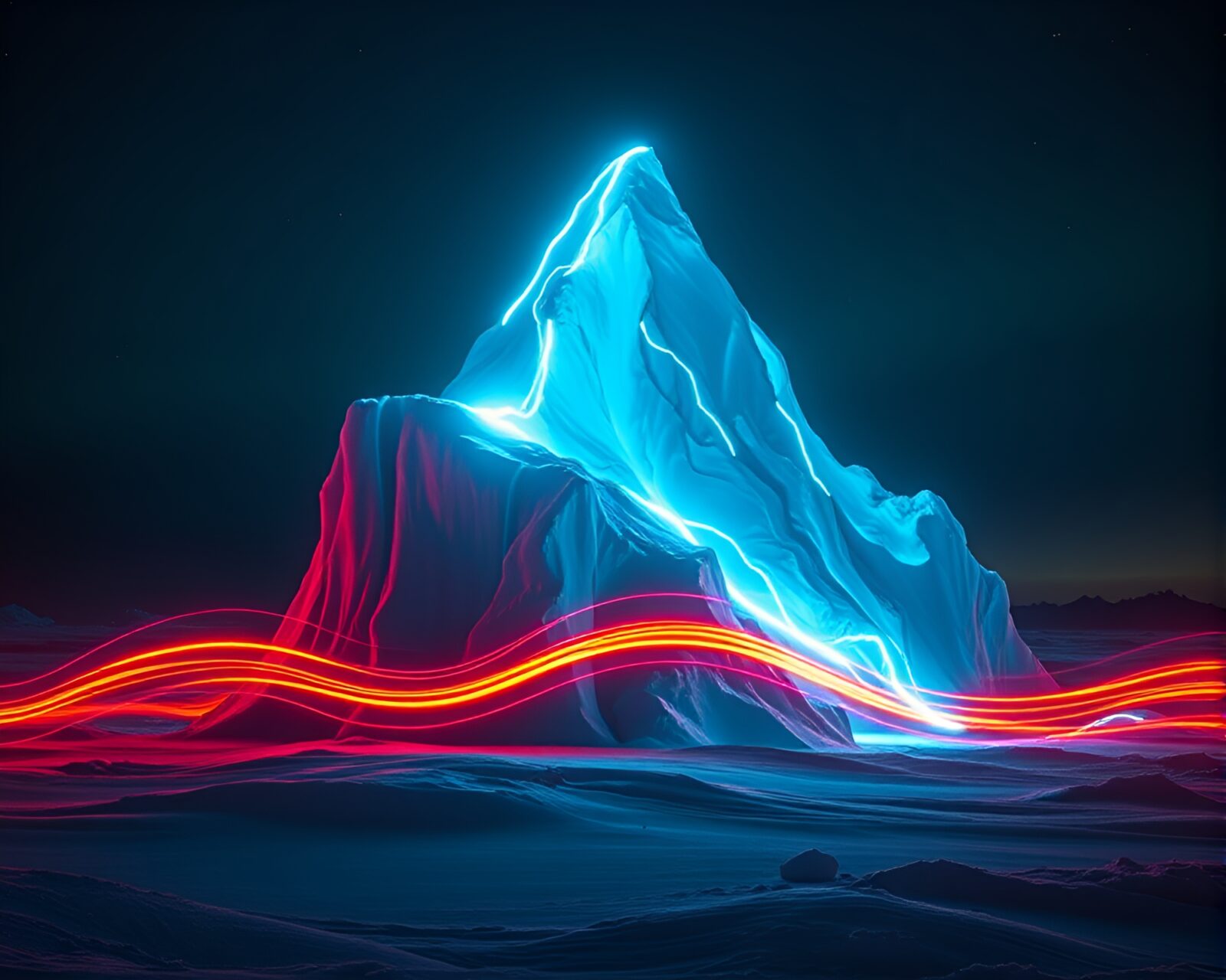 Glowing neon lights highlighting massive ice structure at night