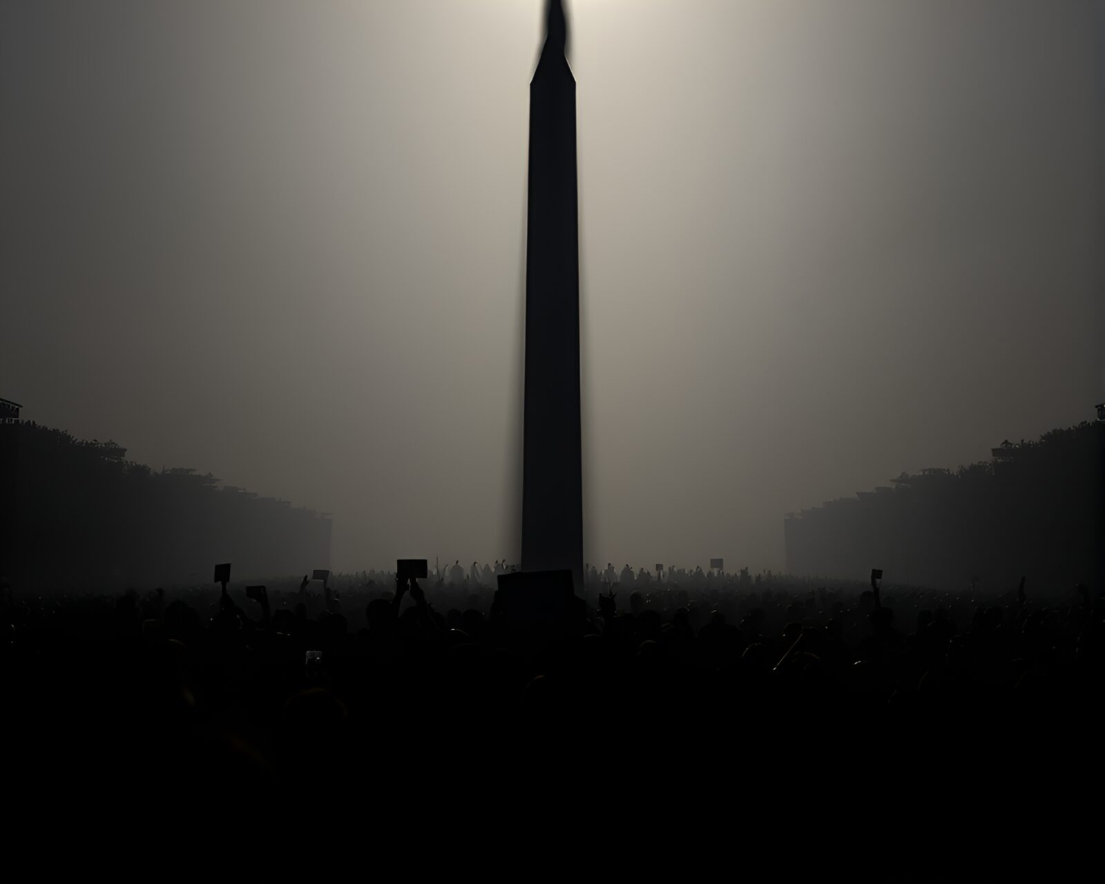 Shadowy figures gathered under towering ancient monument in matte light