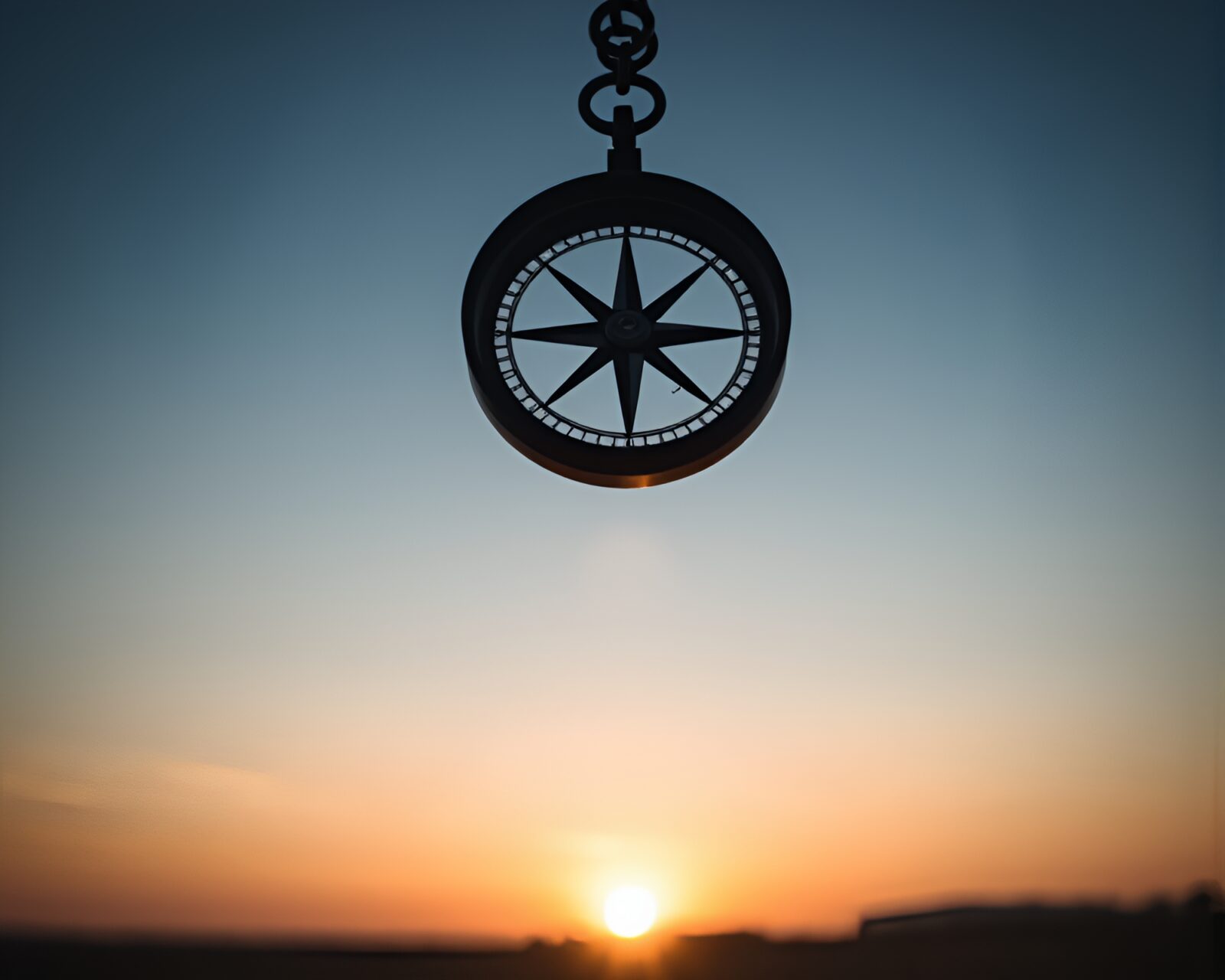 A serene sunrise over a compass pointing eastward