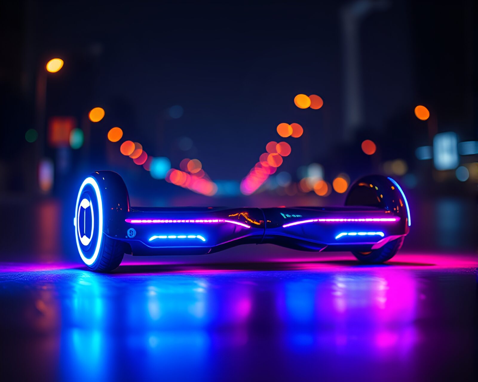Glowing LED art showcases high-tech hoverboard in tight crop