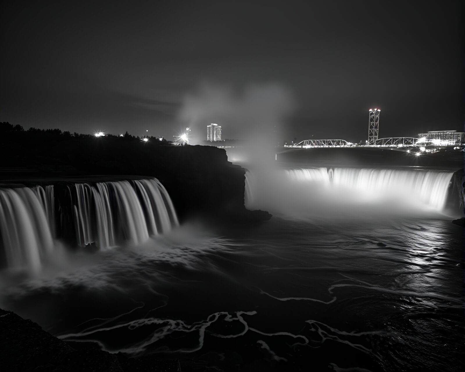 Surrealistic city lights reflecting in oil slick rainbow waterfall