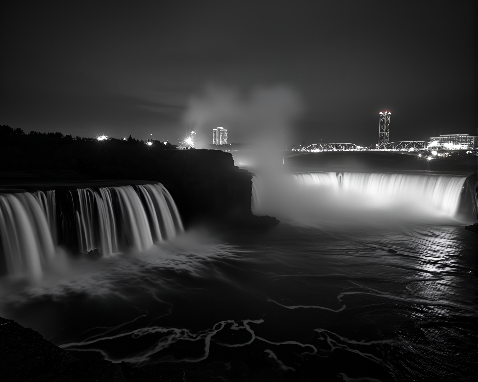 City Lights Waterfall in Monochrome Oil Slick Rainbow – free AI stock image
