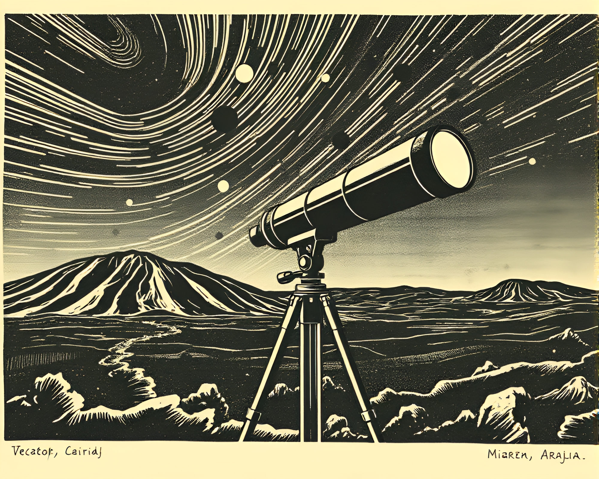 Vintage Telescope Among Lino-Cut Leading Lines – free AI stock image