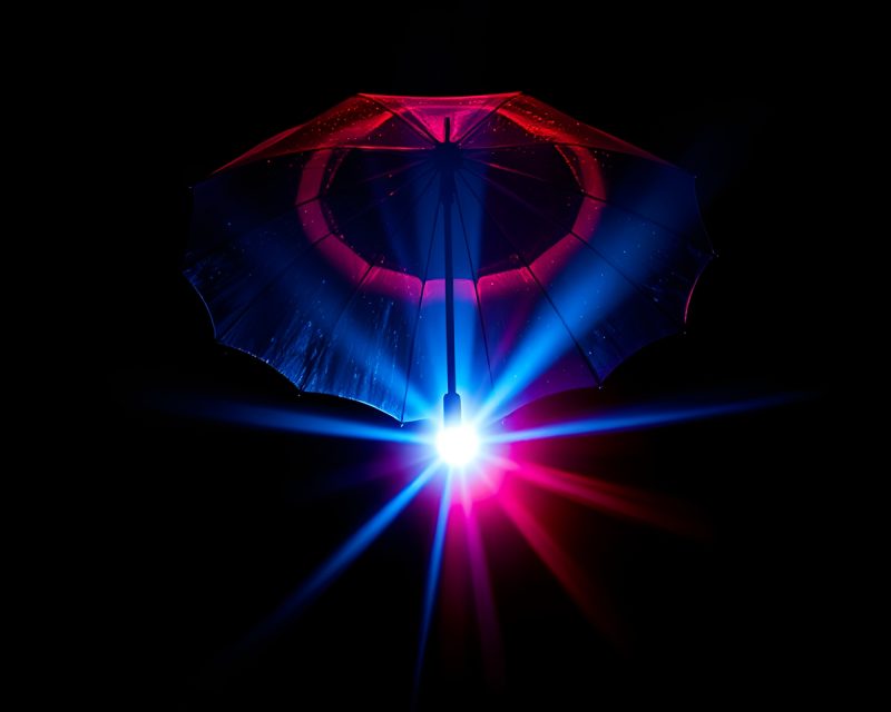Neon-lit Umbrella in Duotone Backscatter Flare – free AI stock image