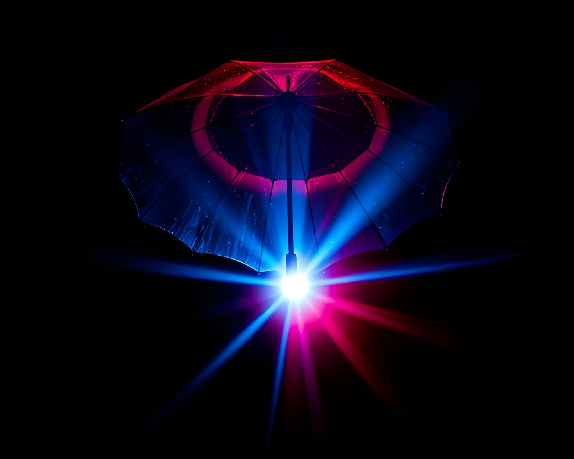Neon-lit Umbrella in Duotone Backscatter Flare – free AI stock image