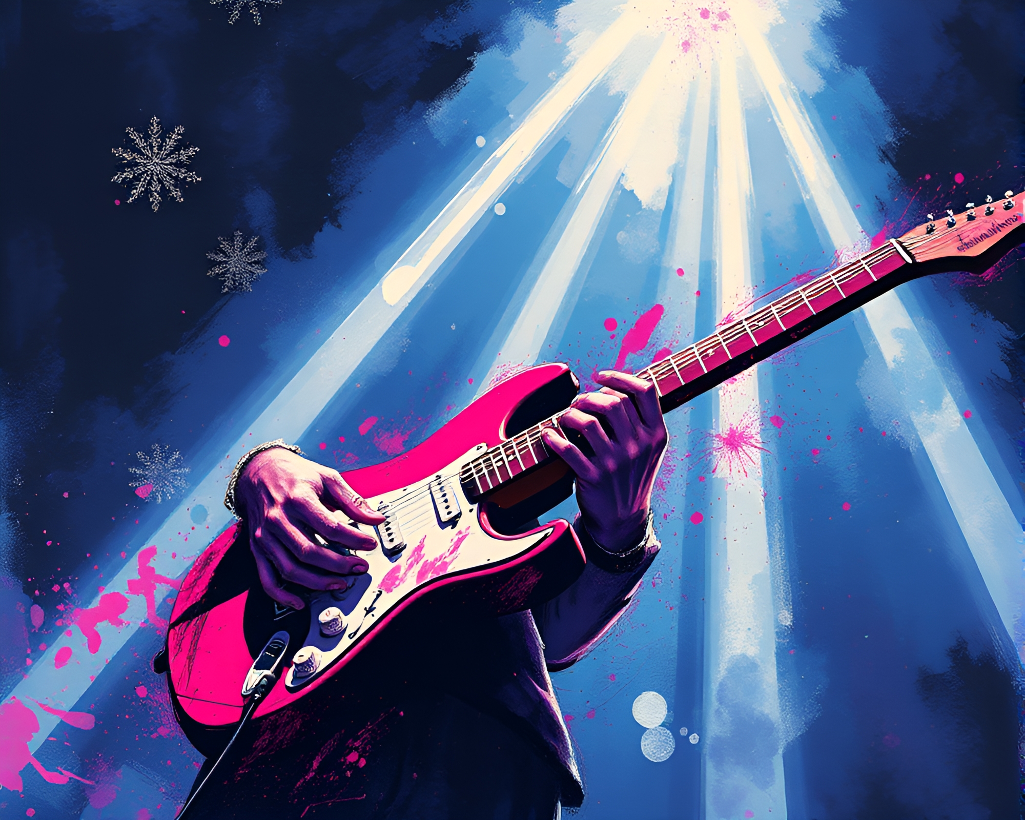 Guitarist unleashes magenta laser beams in dynamic brushwork style – free AI stock image
