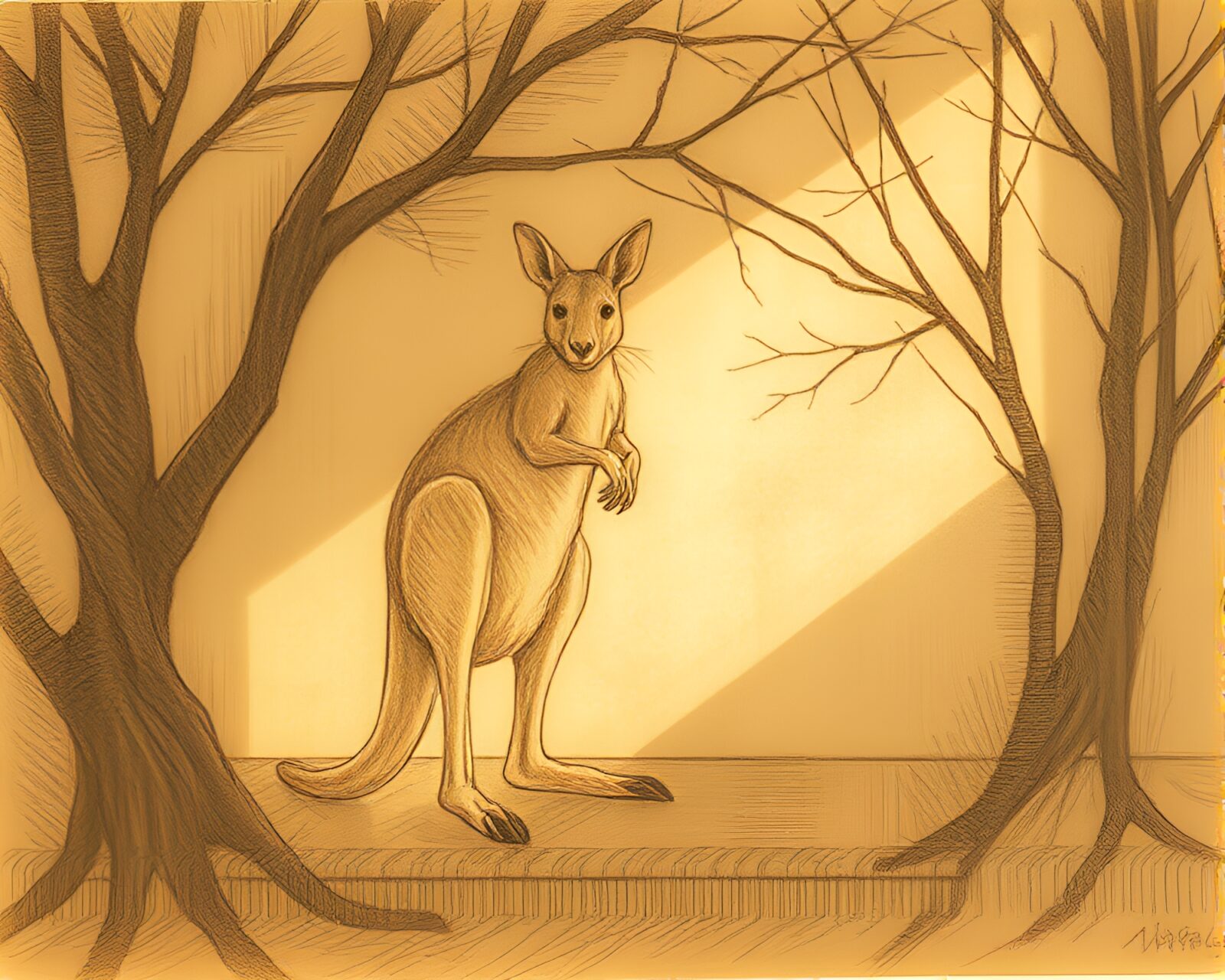 Detailed etching lines depicting kangaroo under warm porchlight