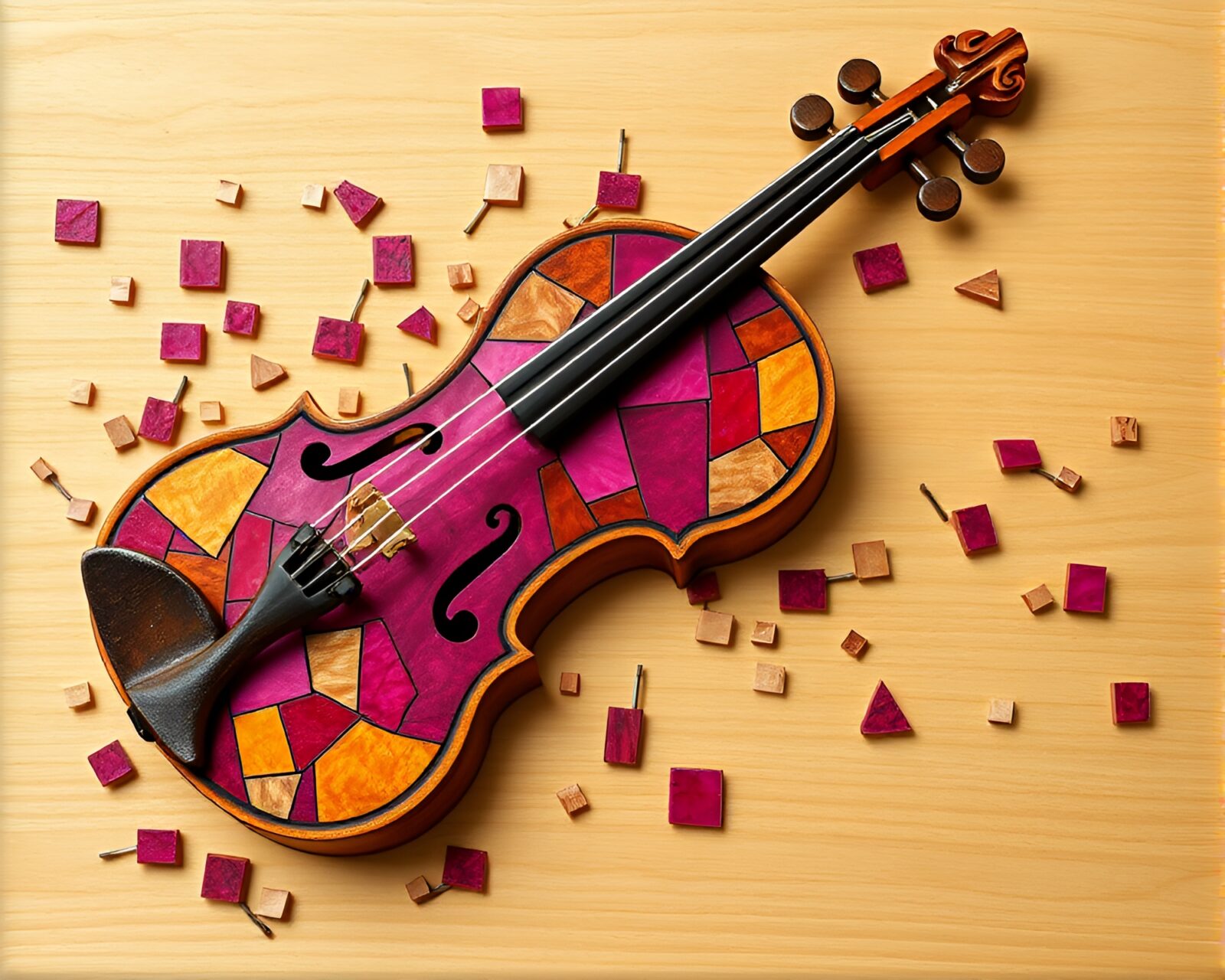 Fragmented wooden violin composed in bright magenta hues