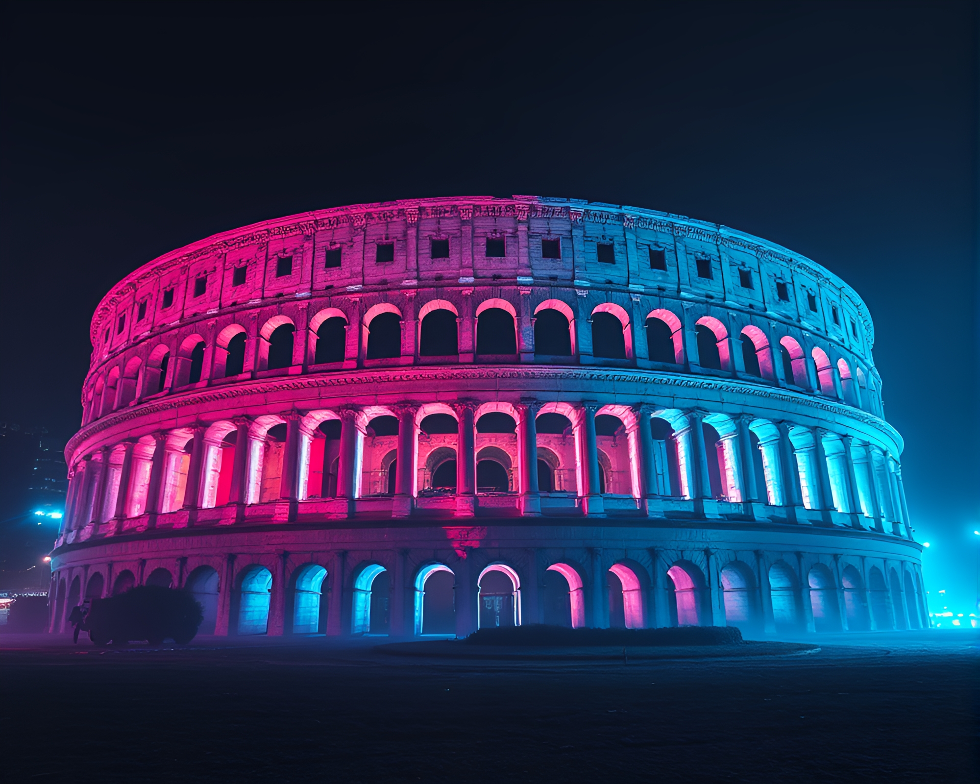 Bioluminescent Roman Coliseum Glitch Art Composition – free AI stock image