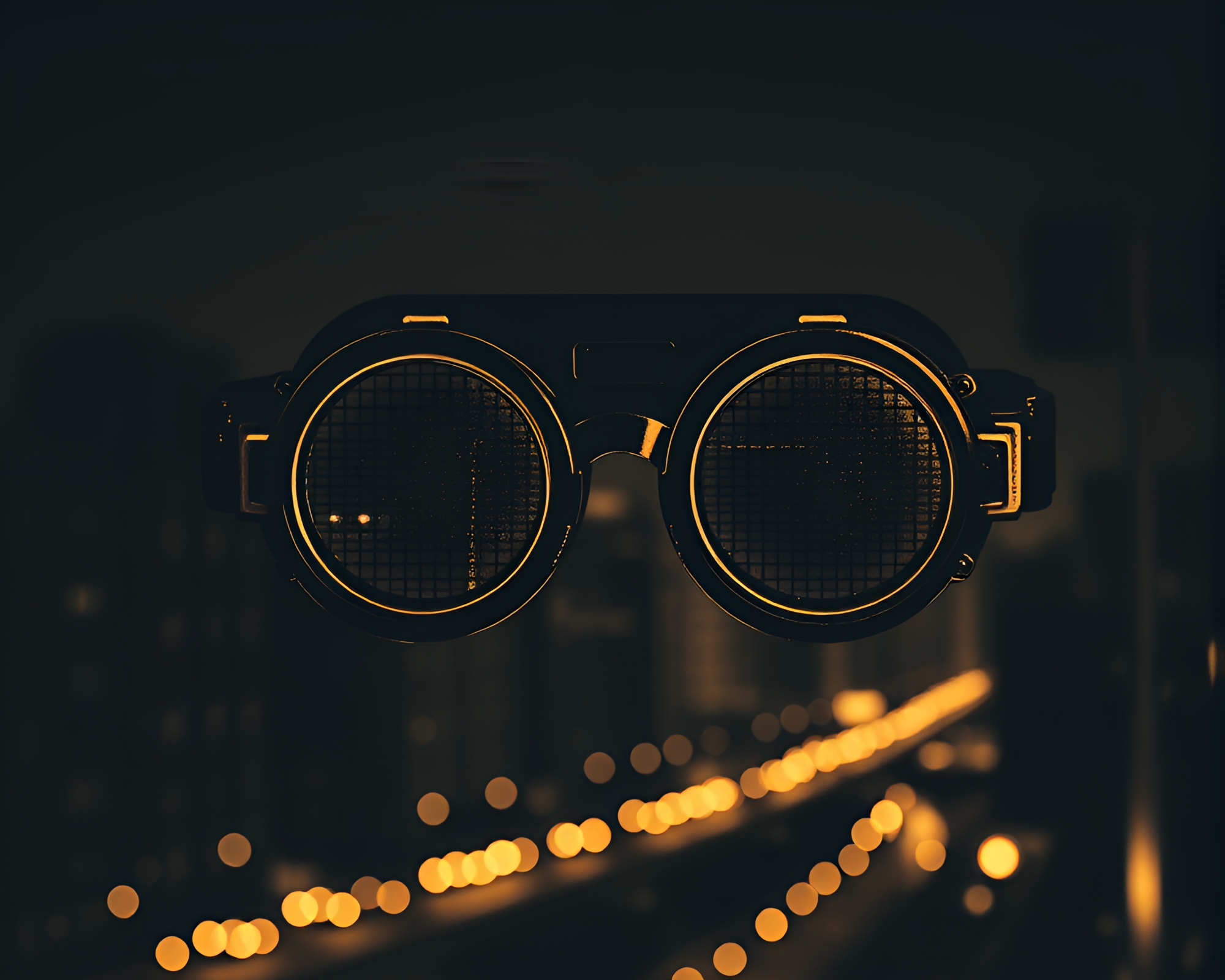 Steampunk Goggles in City Lights Halftone Grid – free AI stock image