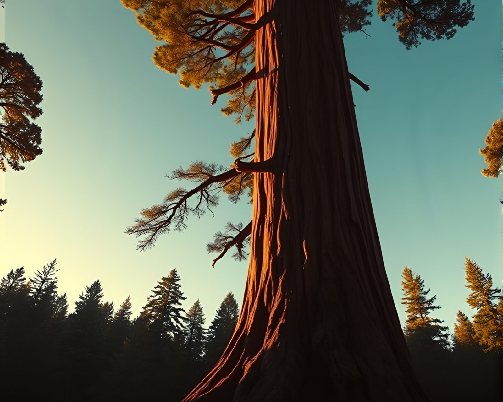 Majestic redwood tree illuminated in retro gold hues.