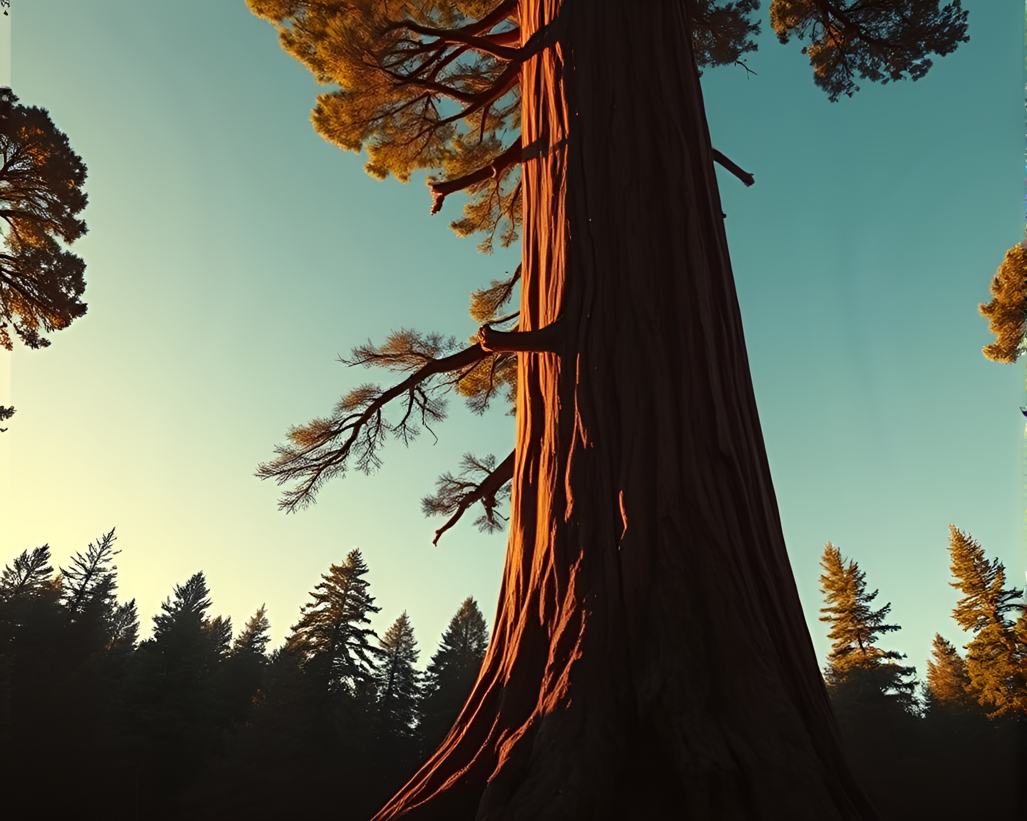 Enchanting Redwood Tree in Golden Spiral Glow – free AI stock image