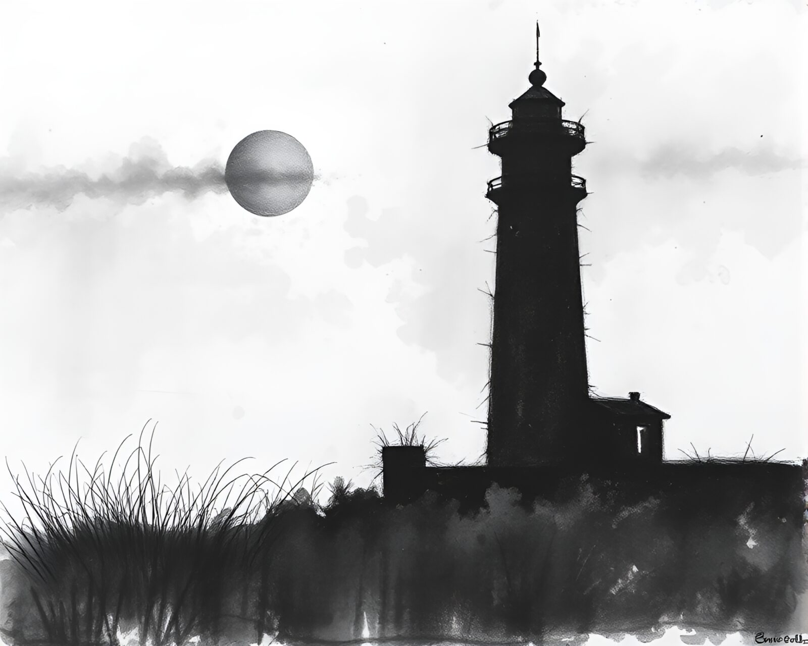 Charcoal drawing of derelict lighthouse under lunar eclipse