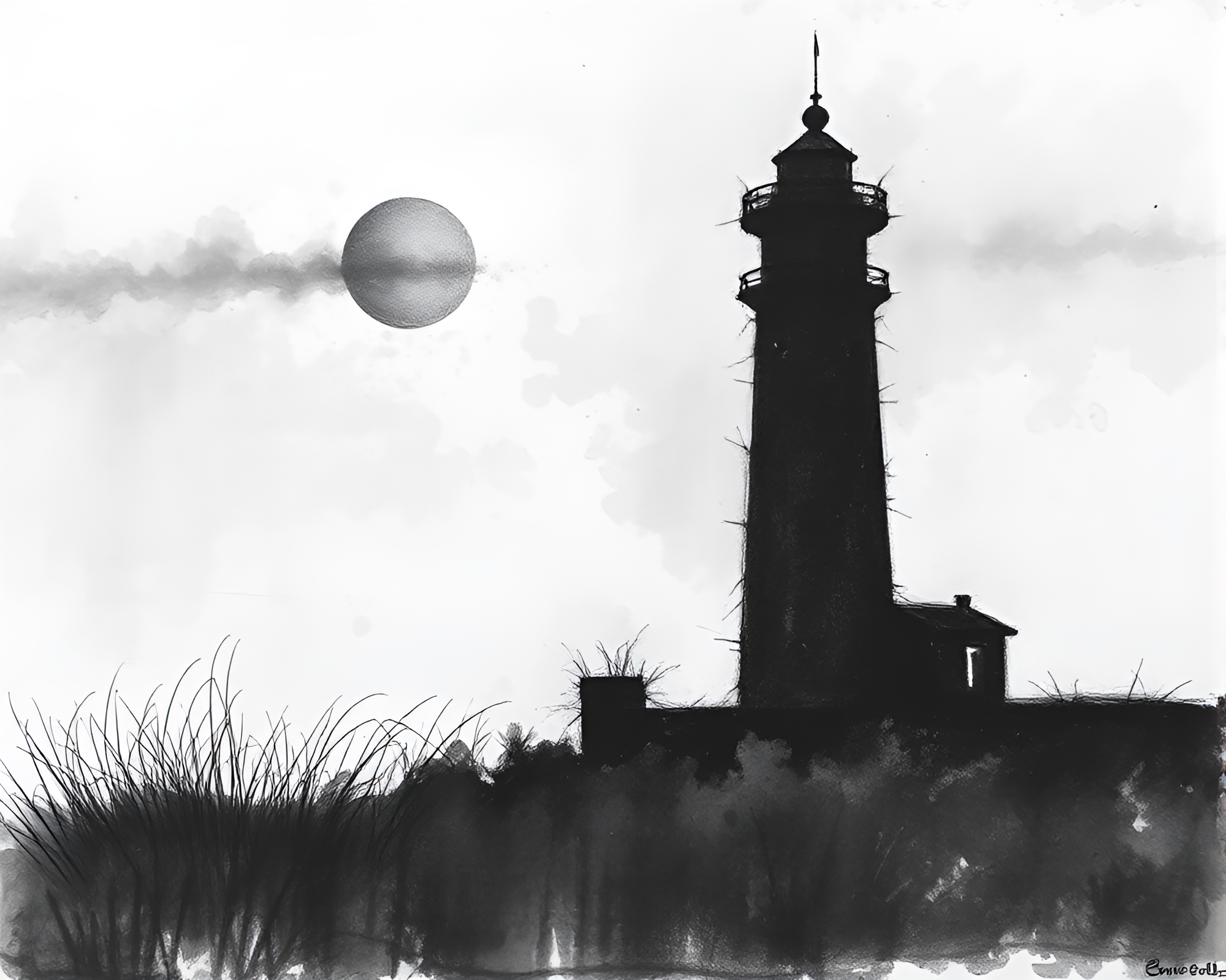 Eclipse Shadows Over Abandoned Lighthouse Sketch – free AI stock image