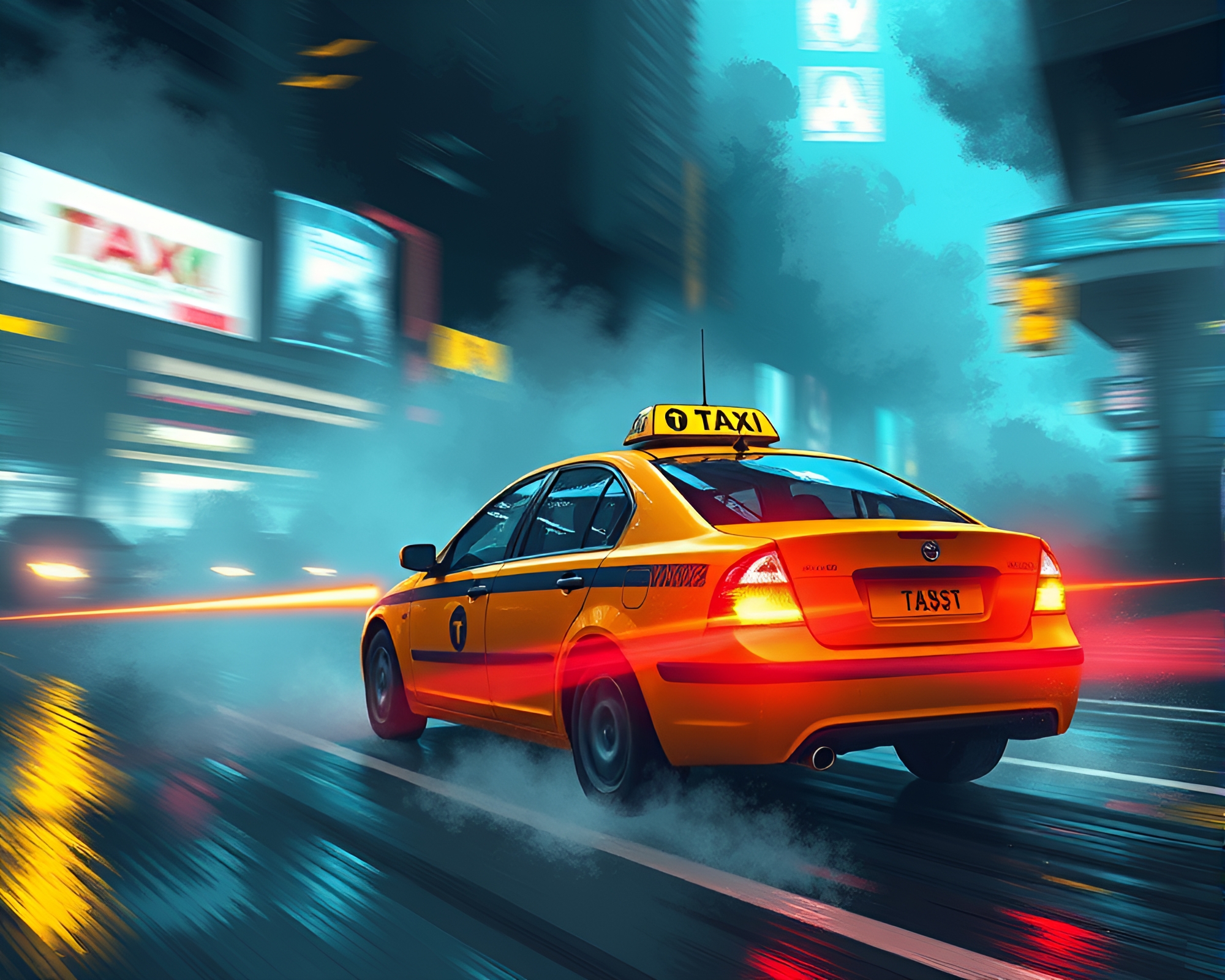 Futuristic Taxi Chase with Laser Sword Duel – free AI stock image