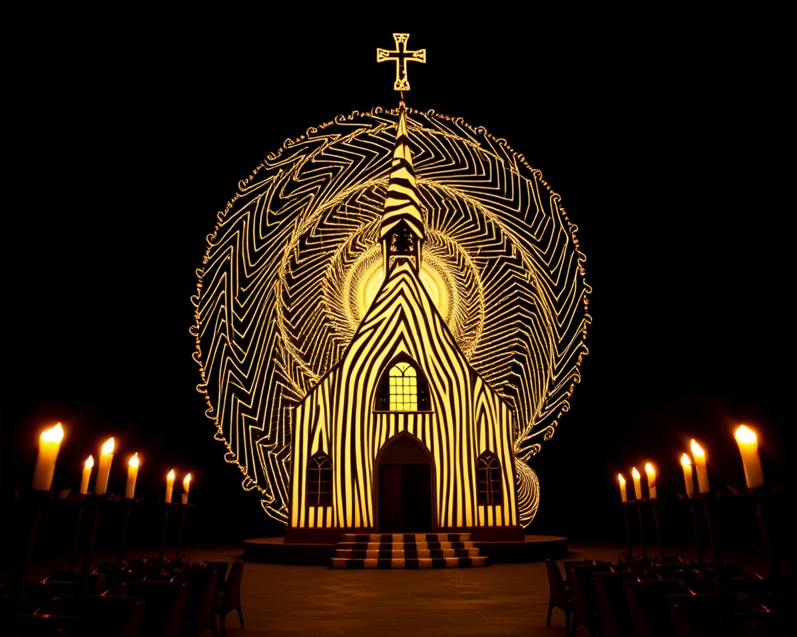 Sculptural zebra art piece glowing in candle-lit church