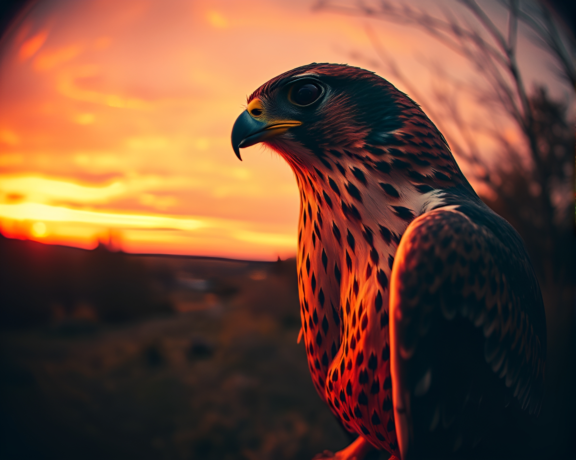 Fisheye Falcon Soaring Through Warm Sunset Stipple Shading – free AI stock image