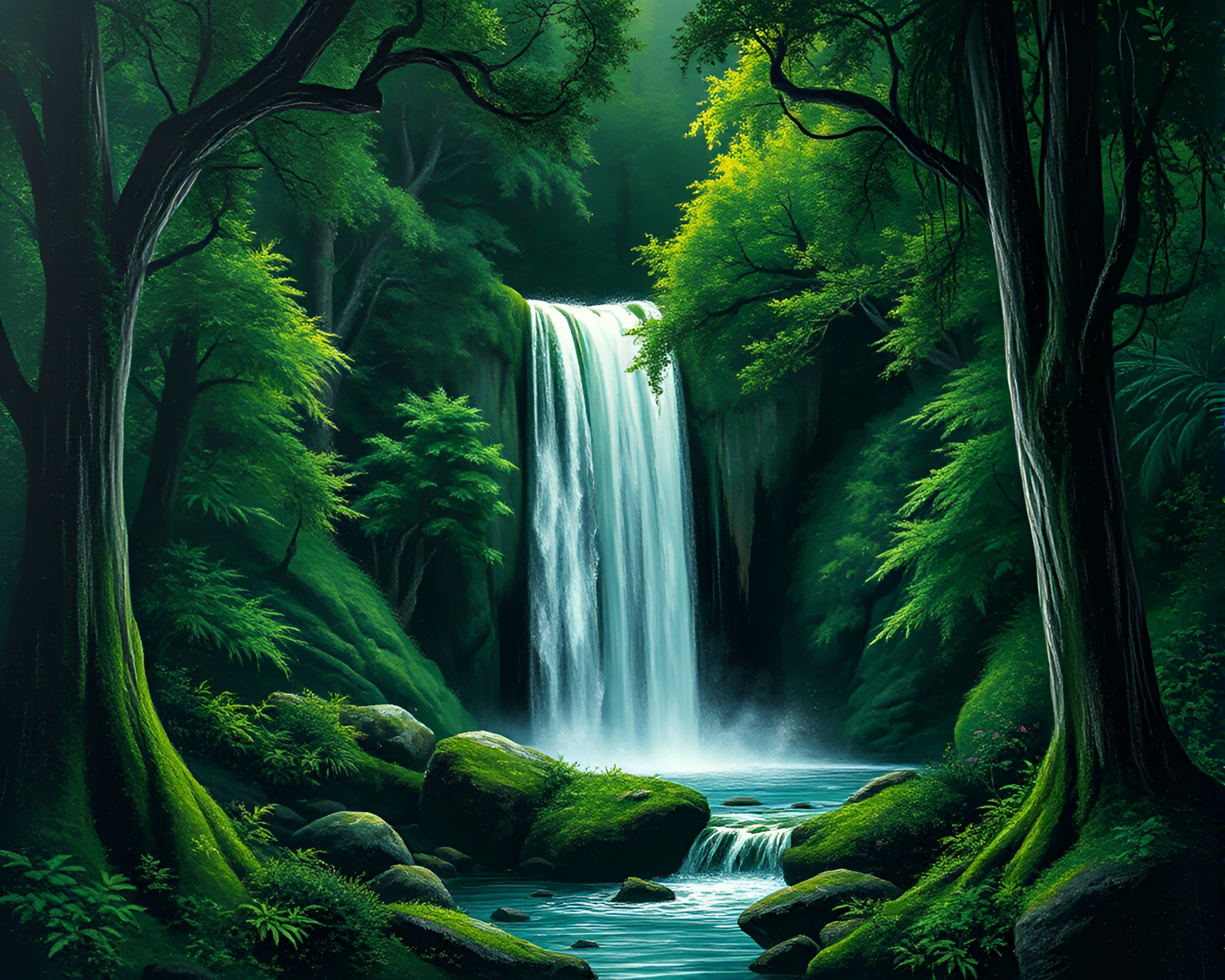 Enchanted Forest Waterfall with Chalkboard Smudges Fantasy Illustration – free AI stock image