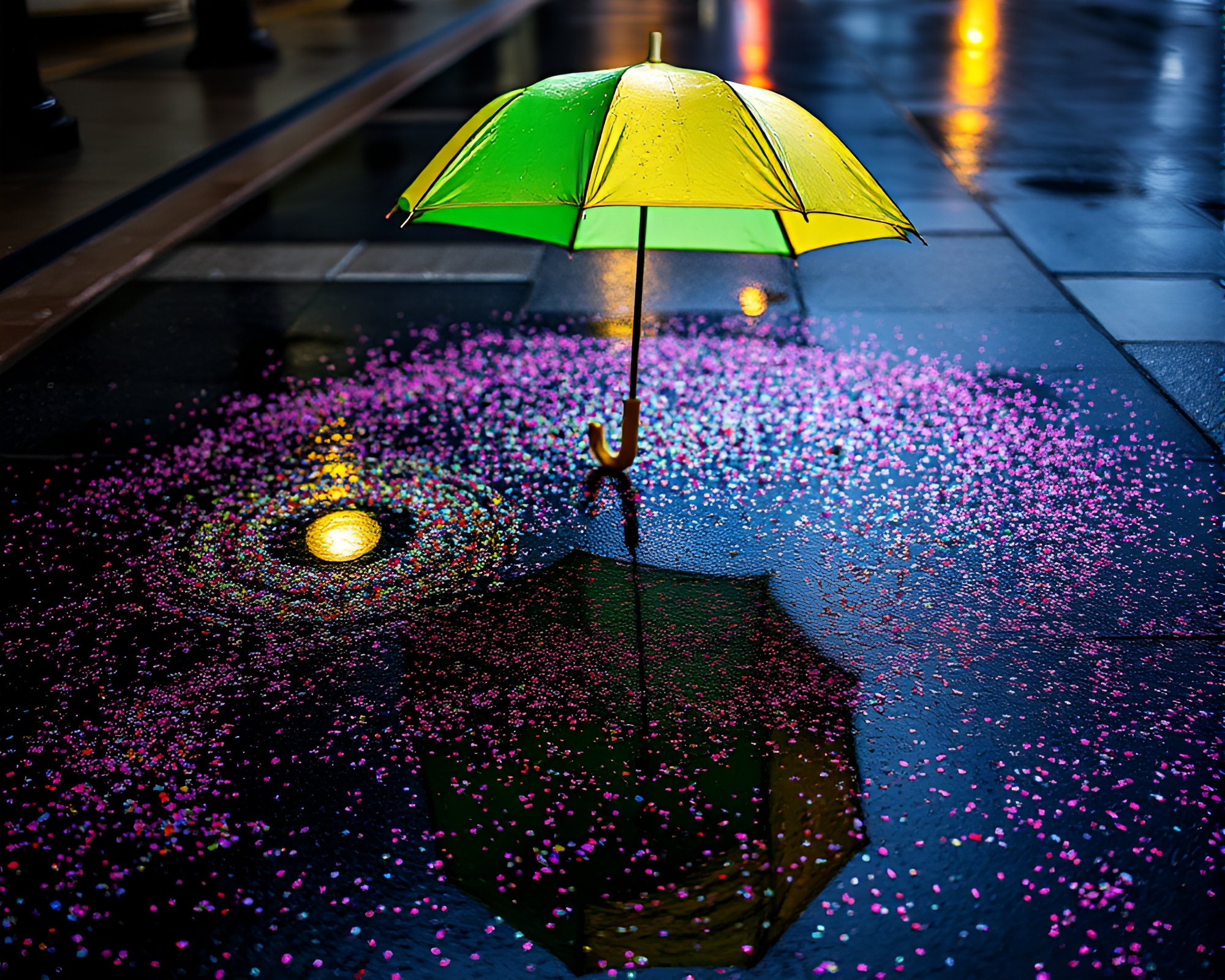 Urban Stencil Art: Glittering Umbrella on Wet Pavement – free AI stock image
