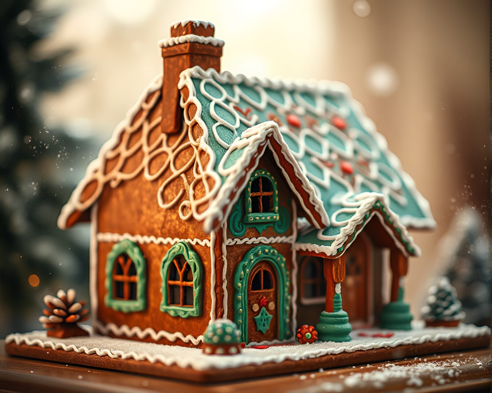 Enchanting gingerbread house in soft focus with dust motes