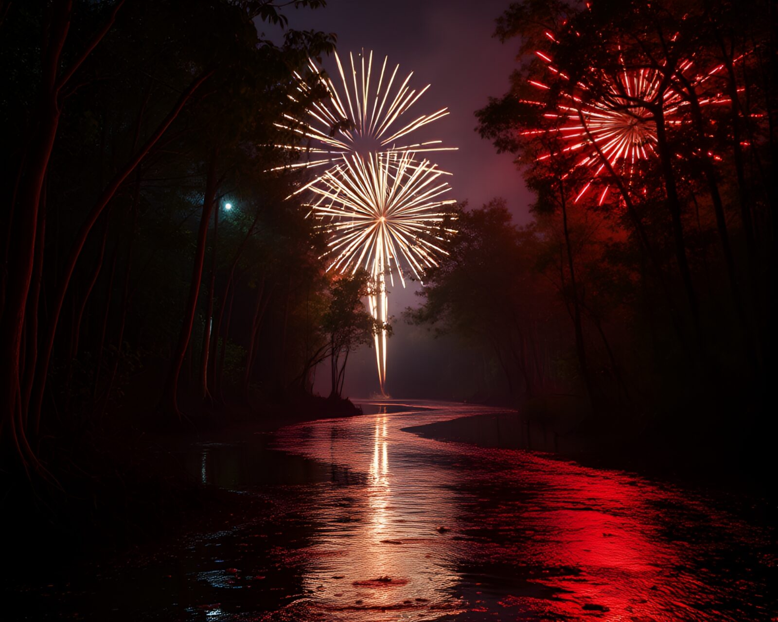 A surreal scene of festival fireworks glowing in a mangrove swamp