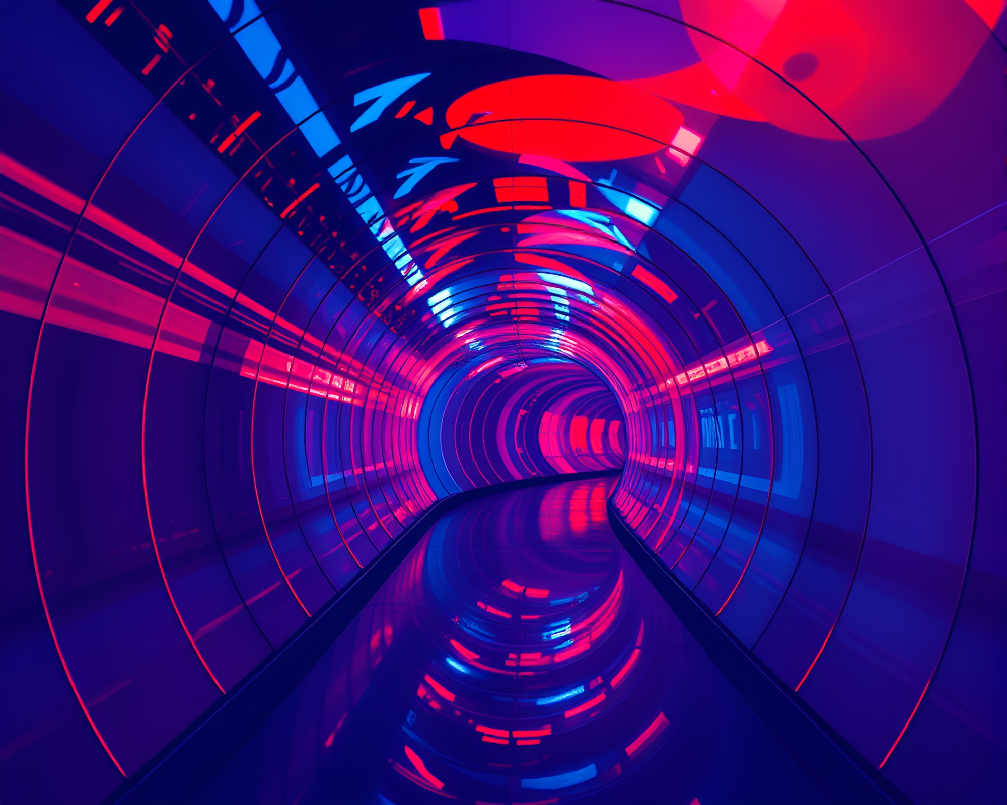 Vibrant Glass Tunnel: Duotone Red-Blue Lithography Art – free AI stock image