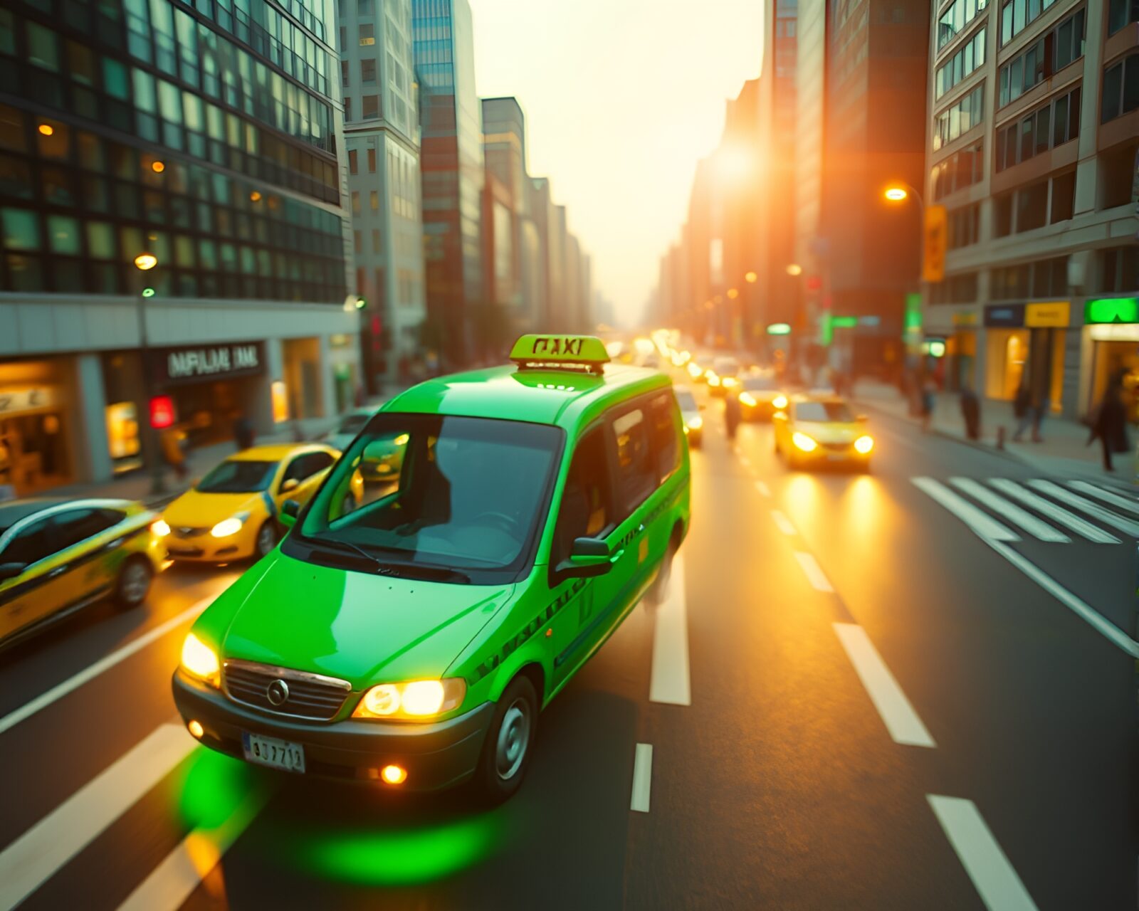 High-angle shot of emerald green highlight hover taxi in futuristic city