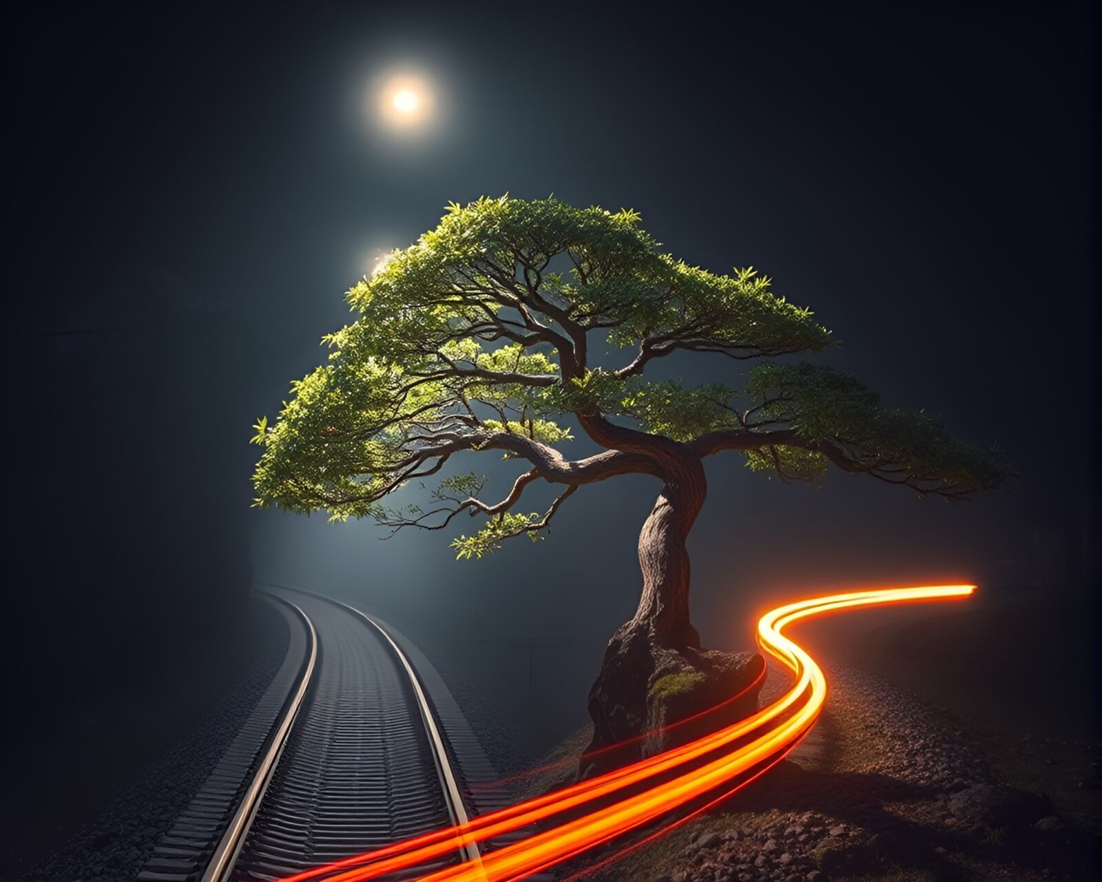 Bonsai tree silhouetted against moving train lights at night