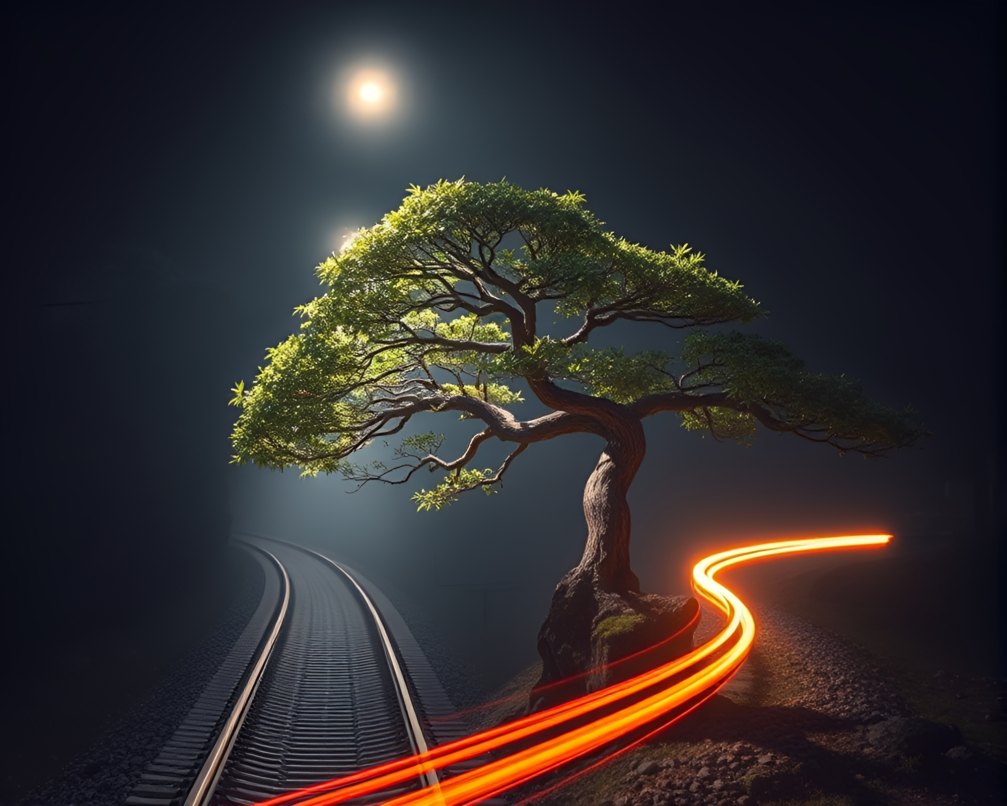 Bonsai Tree Reflections in Train Light Trails – free AI stock image
