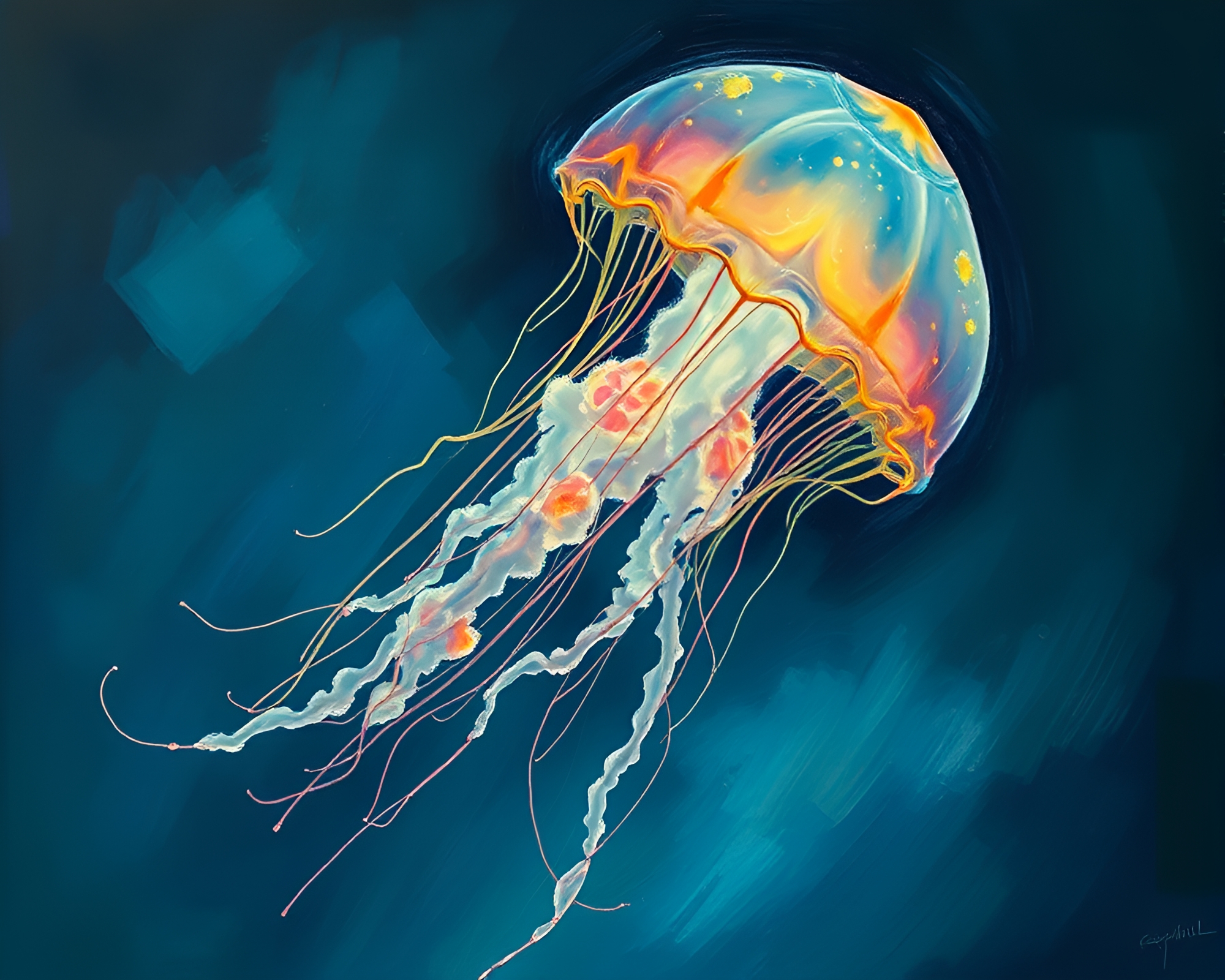 Bioluminescent Jellyfish Swarm in Fresco Painting – free AI stock image