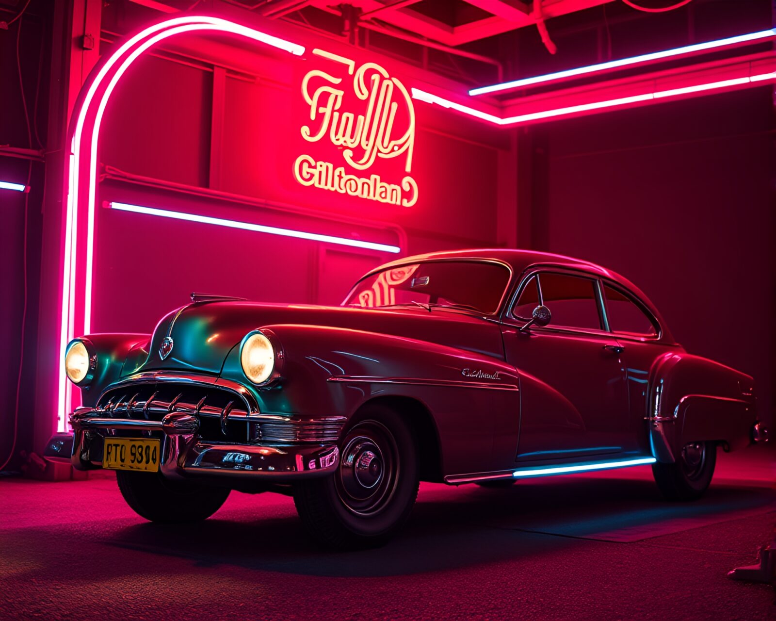 Surreal vintage car with neon tubing and spotlight