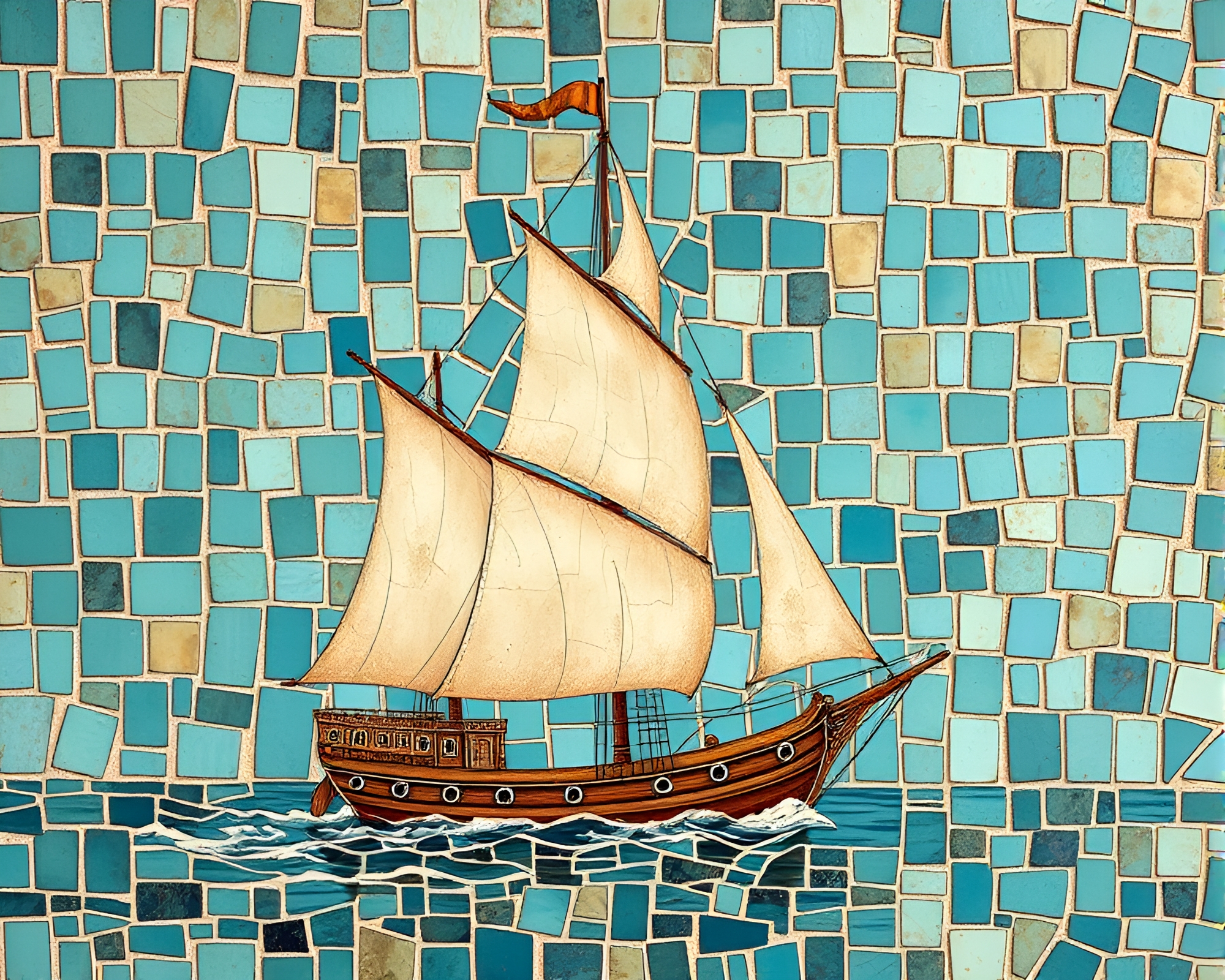 Steamship sailing through turquoise calm waters with broken mosaic fragments – free AI stock image