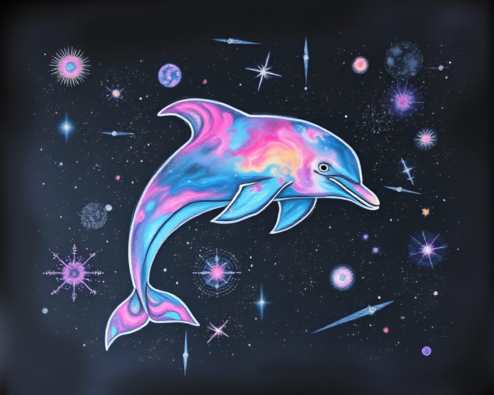 Vibrant screen printed dolphin surrounded by galaxy-inspired chalk scrawls