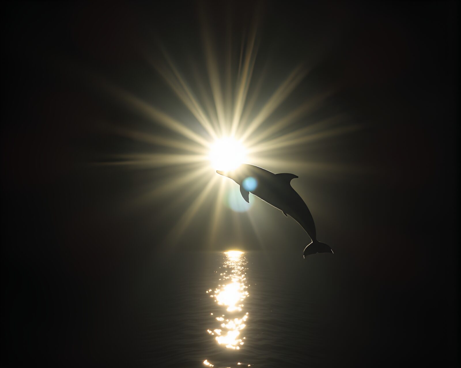 High-contrast image of a lens sunburst illuminating a pink river dolphin